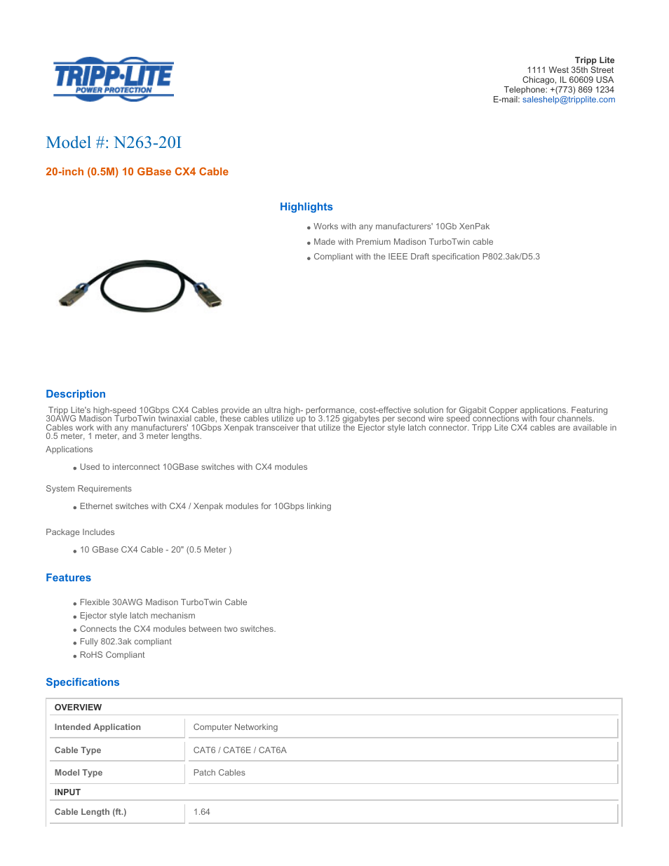 Tripp Lite 10 GBase CX4 Cable N263-20I User Manual | 2 pages