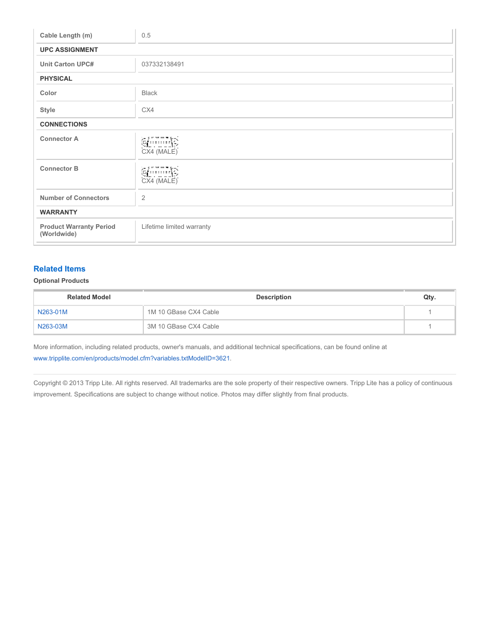 Tripp Lite 10 GBase CX4 Cable N263-20I User Manual | Page 2 / 2