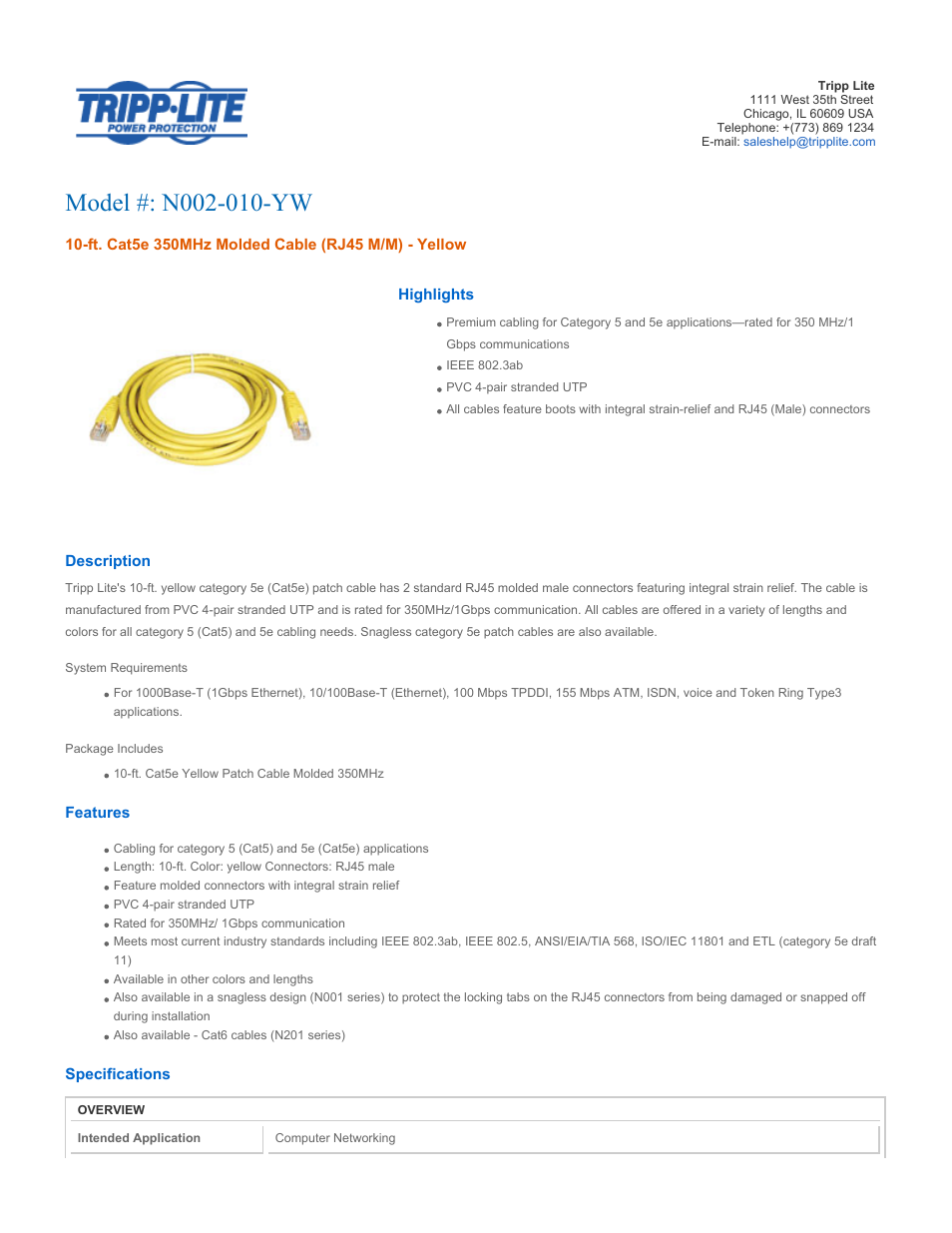 Tripp Lite N002-010-YW User Manual | 3 pages