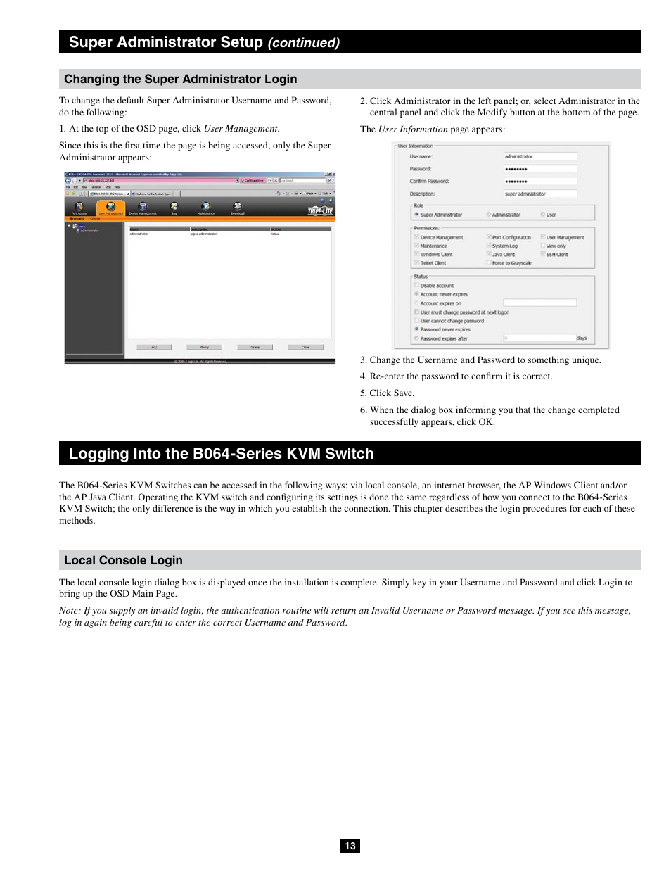 Super administrator setup, Logging into the b064-series kvm switch | Tripp Lite B064-032-04-IPG User Manual | Page 13 / 81