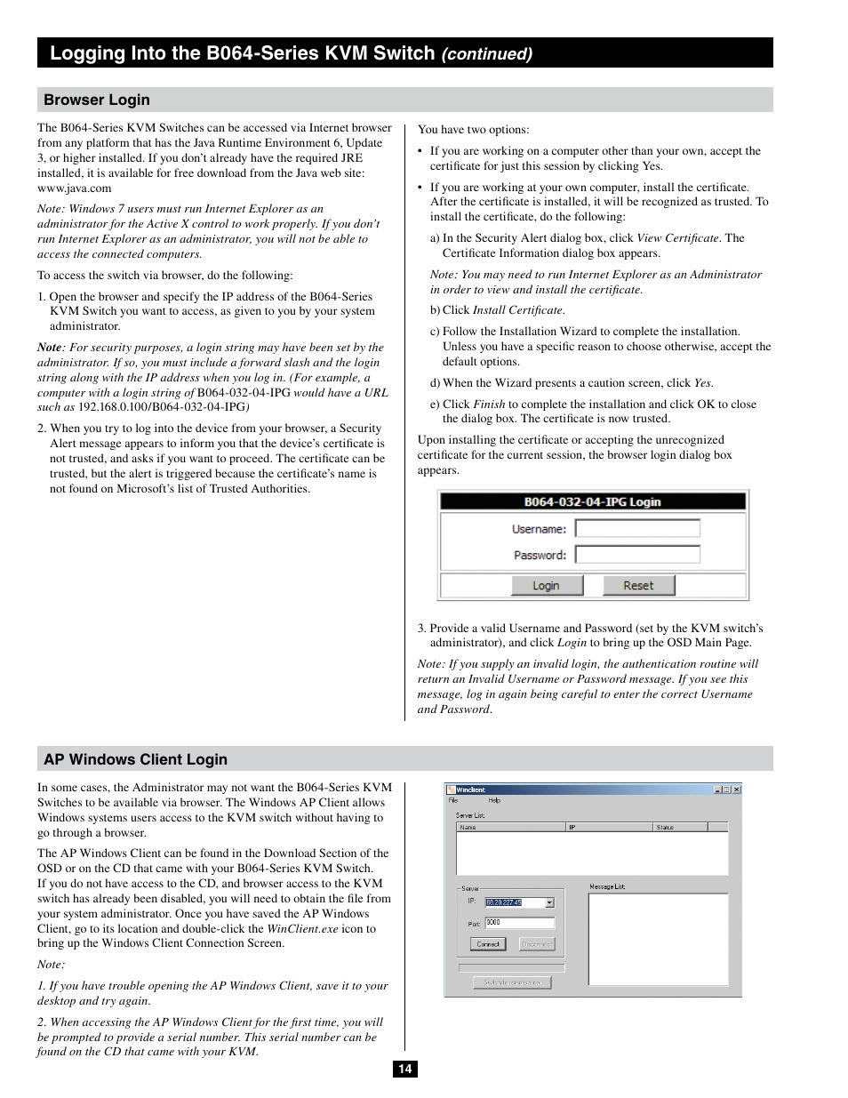 Logging into the b064-series kvm switch, Continued) | Tripp Lite B064-032-04-IPG User Manual | Page 14 / 81