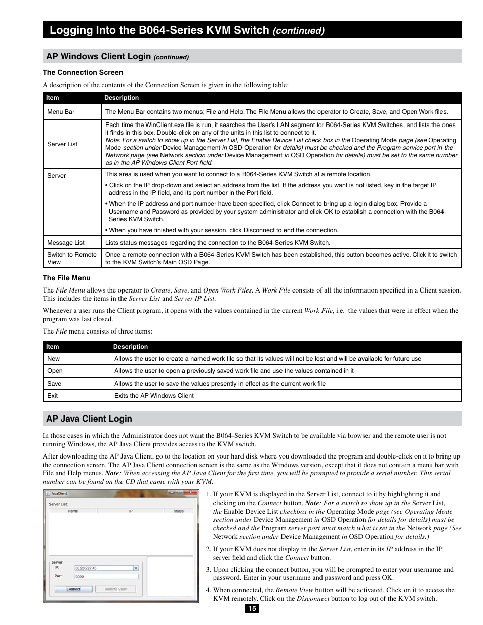 Logging into the b064-series kvm switch, Continued), Ap java client login ap windows client login | Tripp Lite B064-032-04-IPG User Manual | Page 15 / 81
