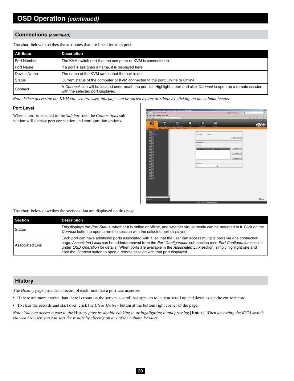 Osd operation, Continued), History | Connections | Tripp Lite B064-032-04-IPG User Manual | Page 20 / 81