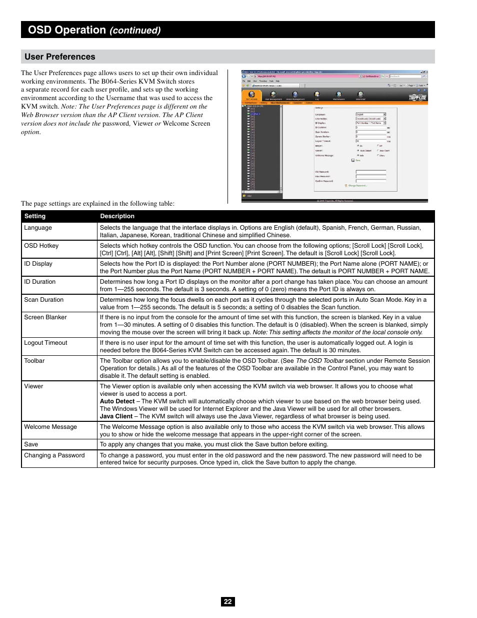 Osd operation, Continued), User preferences | Tripp Lite B064-032-04-IPG User Manual | Page 22 / 81