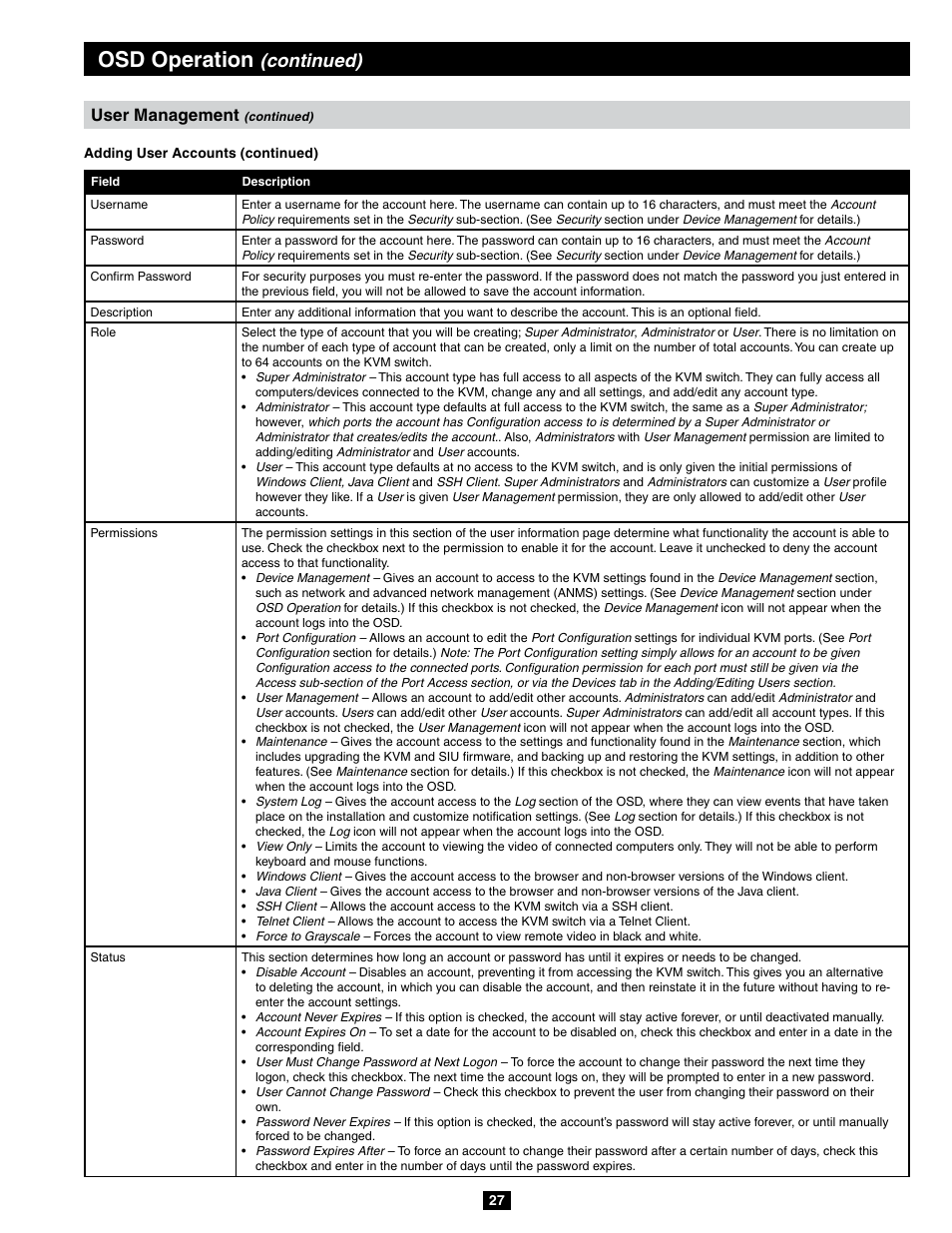 Osd operation, Continued), User management | Tripp Lite B064-032-04-IPG User Manual | Page 27 / 81