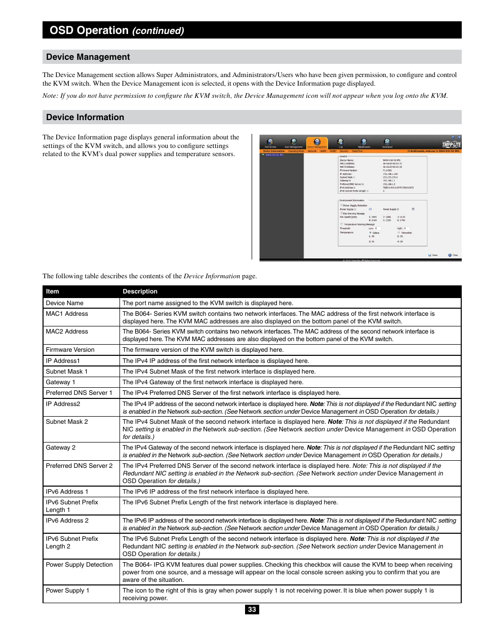 Osd operation, Continued), Device management device information | Tripp Lite B064-032-04-IPG User Manual | Page 33 / 81