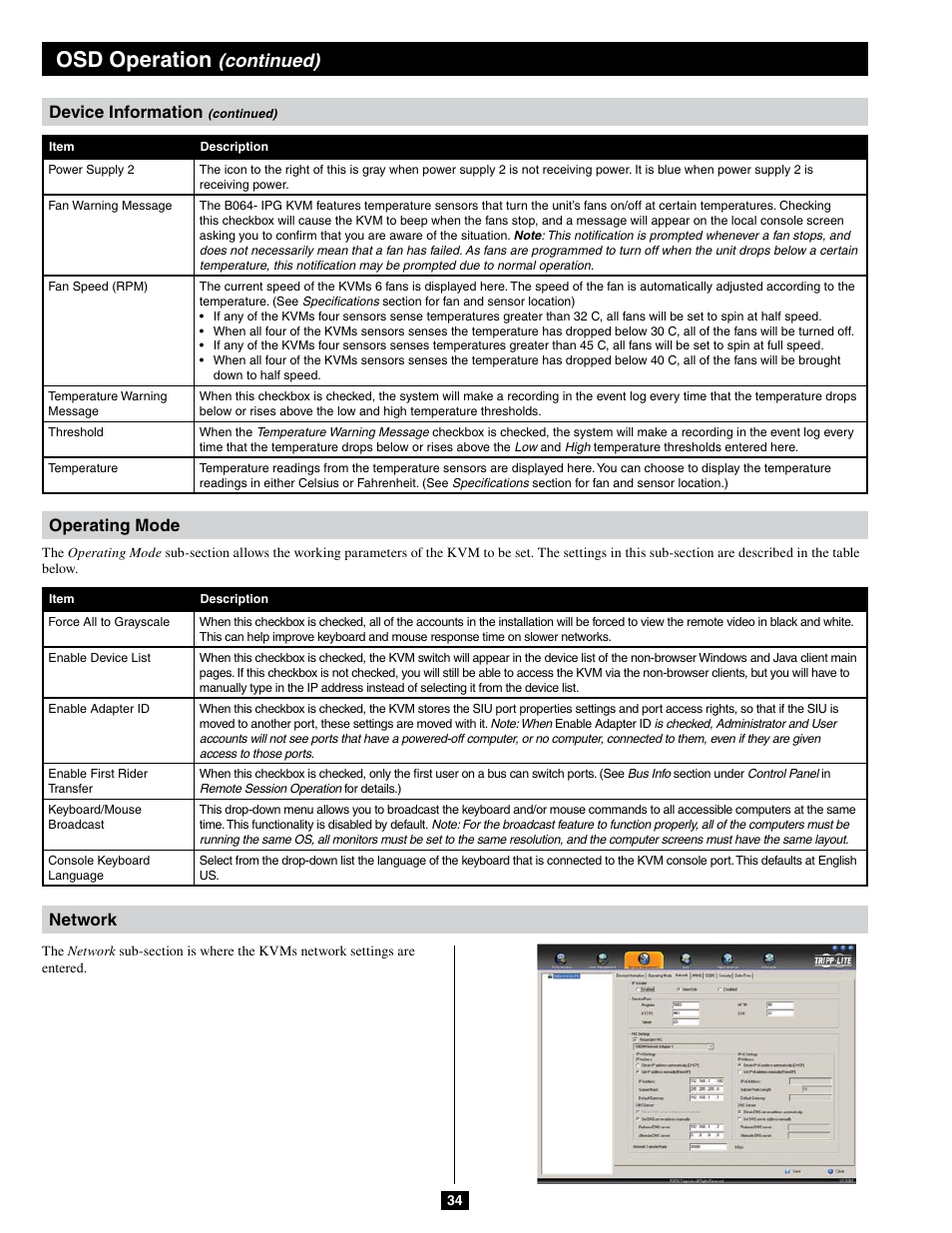 Osd operation, Continued), Device information | Operating mode network | Tripp Lite B064-032-04-IPG User Manual | Page 34 / 81