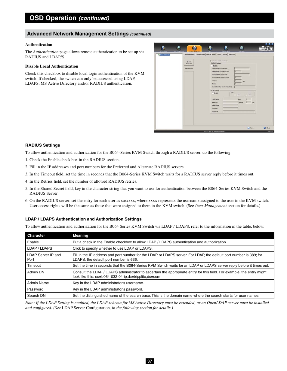 Osd operation, Continued), Advanced network management settings | Tripp Lite B064-032-04-IPG User Manual | Page 37 / 81