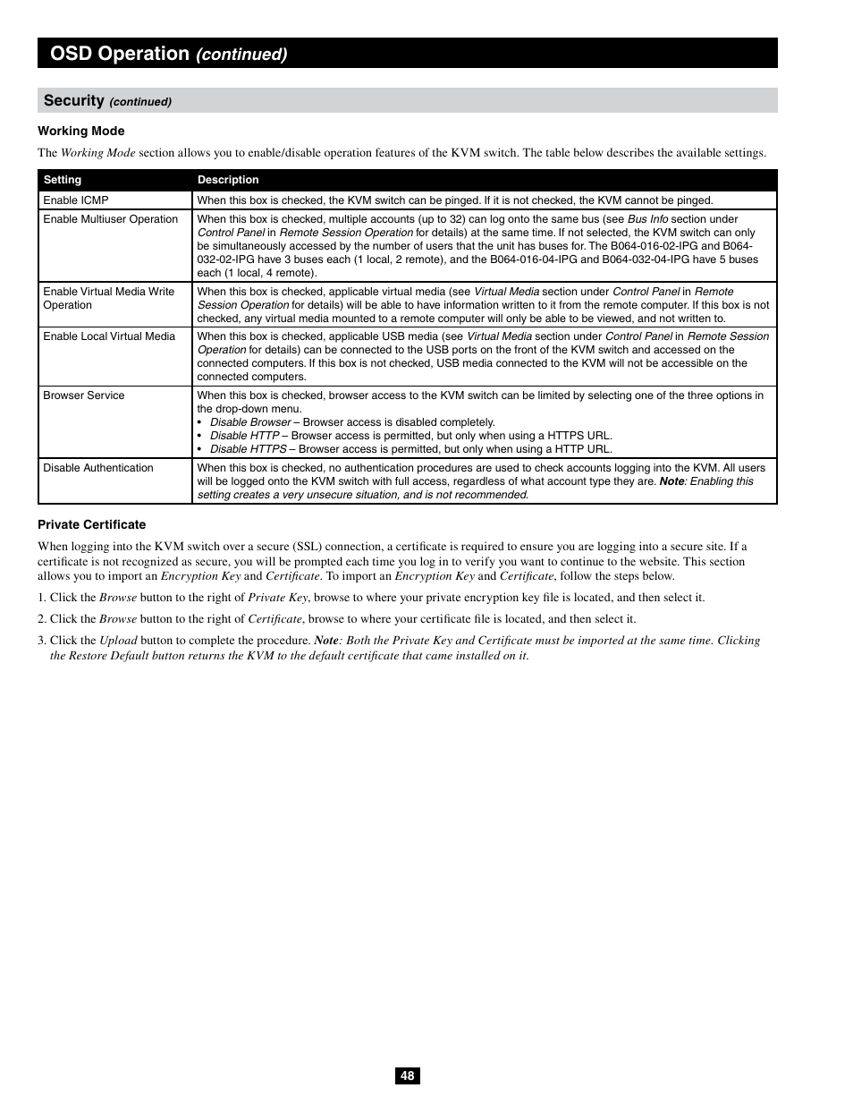 Osd operation, Continued), Security | Tripp Lite B064-032-04-IPG User Manual | Page 48 / 81