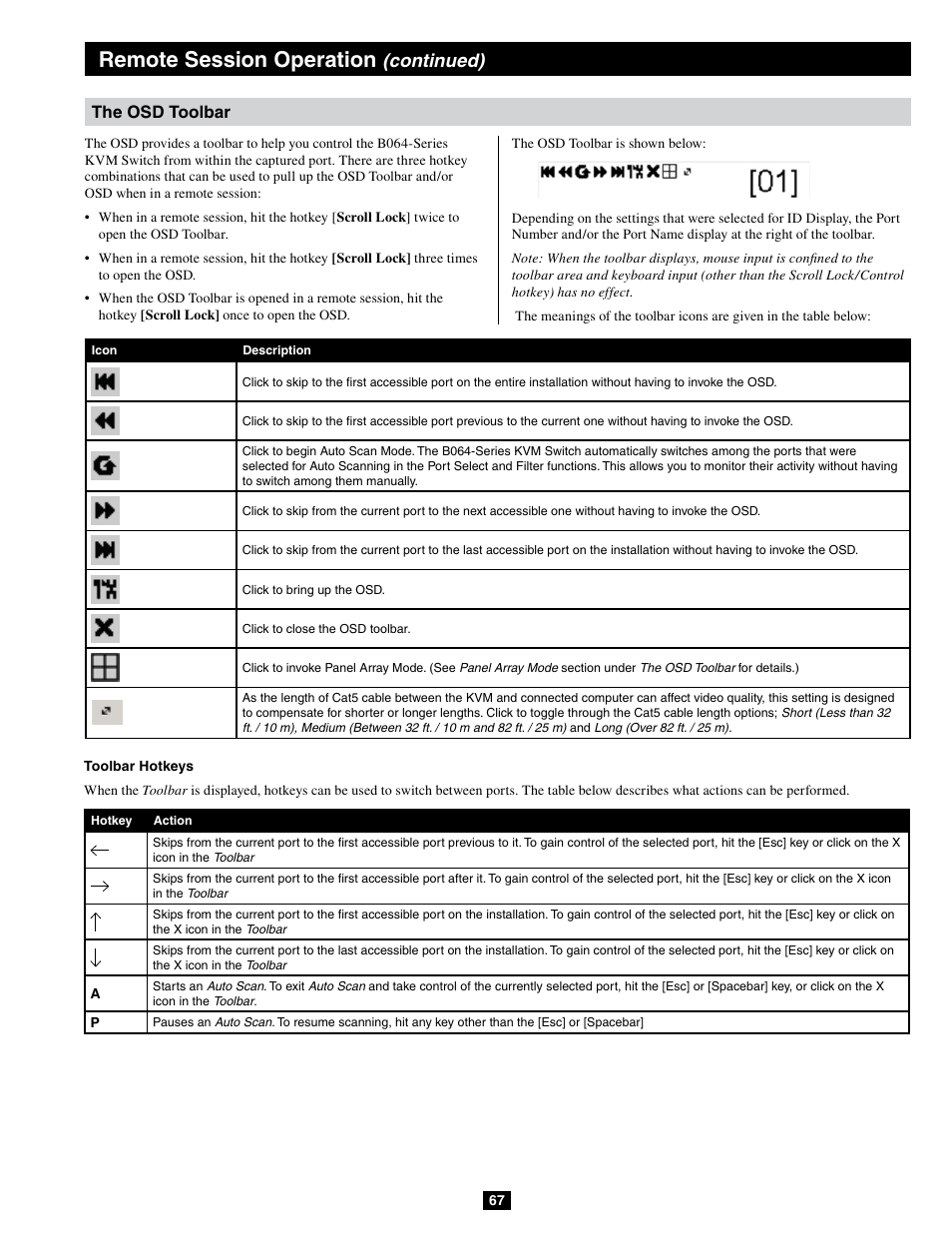 Remote session operation, Continued), The osd toolbar | Tripp Lite B064-032-04-IPG User Manual | Page 67 / 81
