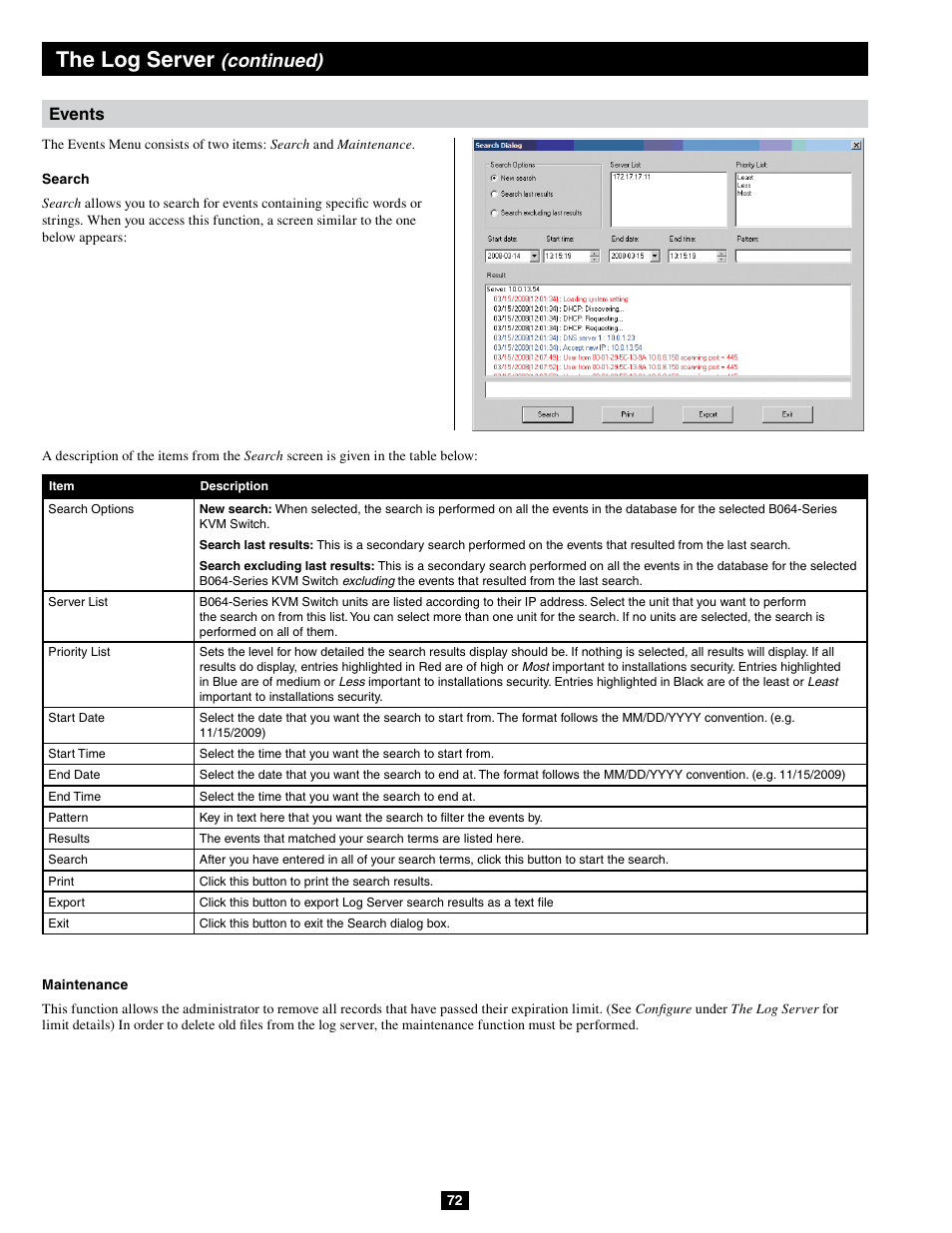 The log server, Continued), Events | Tripp Lite B064-032-04-IPG User Manual | Page 72 / 81