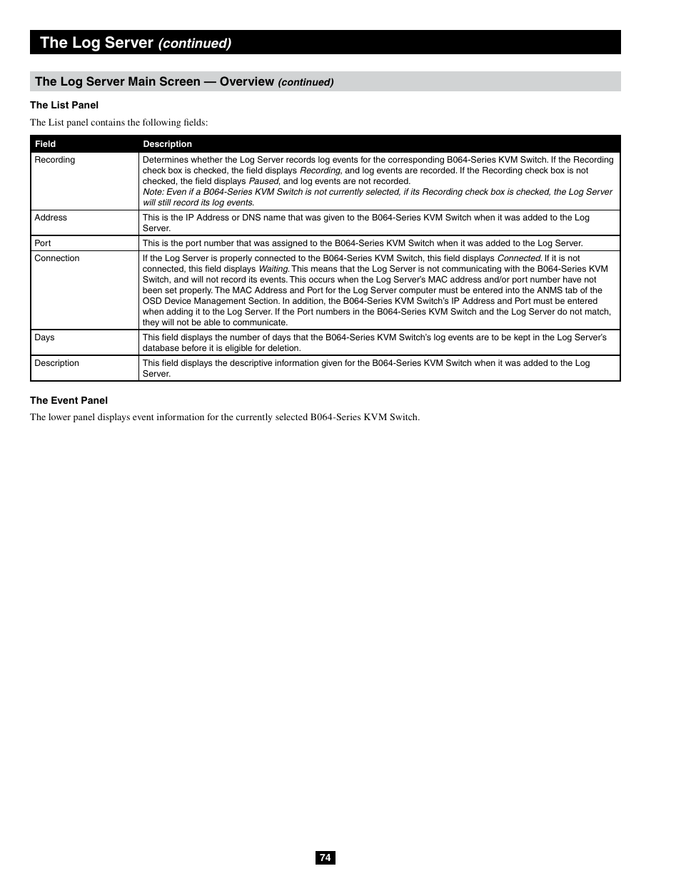 The log server, Continued), The log server main screen — overview | Tripp Lite B064-032-04-IPG User Manual | Page 74 / 81