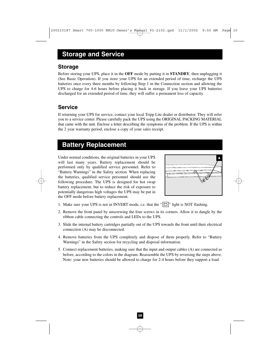 Storage and service, Battery replacement, Storage | Service | Tripp Lite 1000 VA User Manual | Page 10 / 24