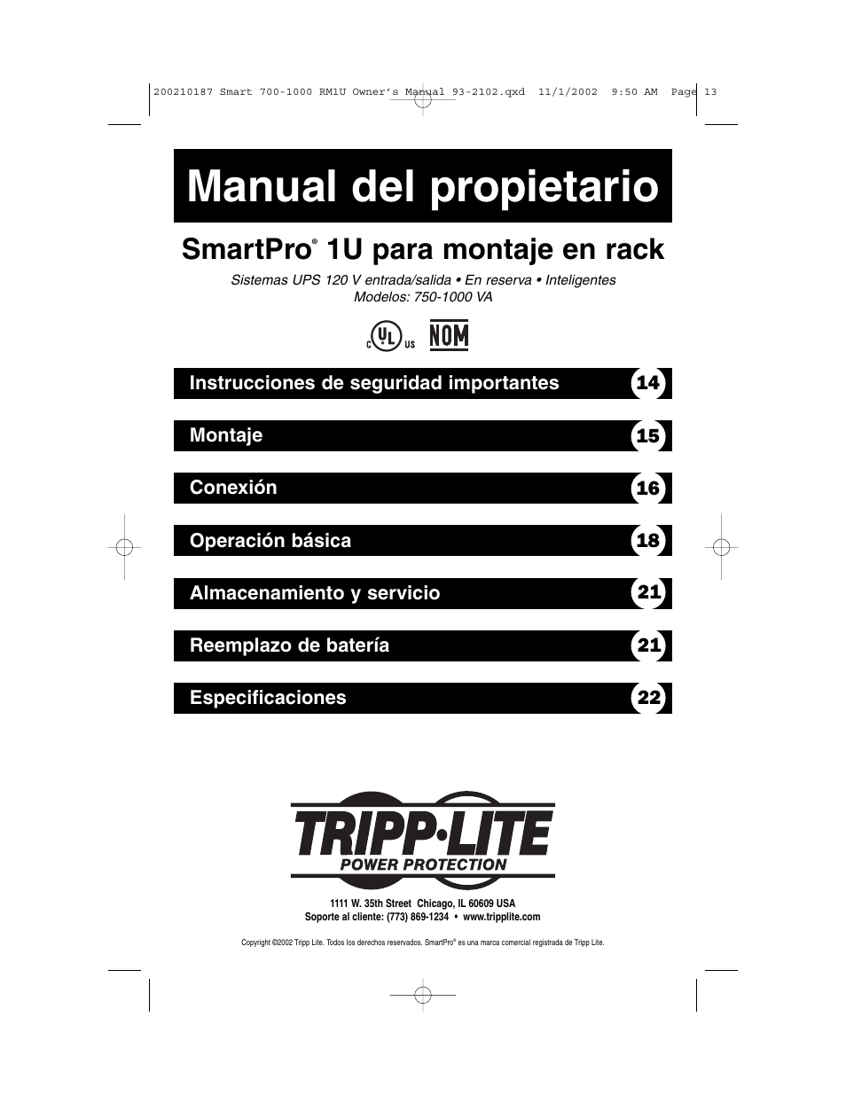 Manual del propietario, Smartpro, 1u para montaje en rack | Tripp Lite 1000 VA User Manual | Page 13 / 24