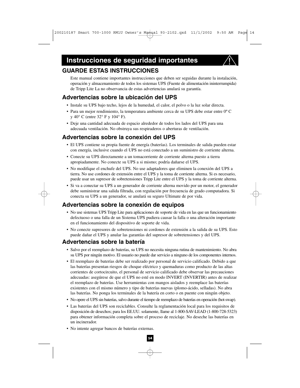 Instrucciones de seguridad importantes | Tripp Lite 1000 VA User Manual | Page 14 / 24