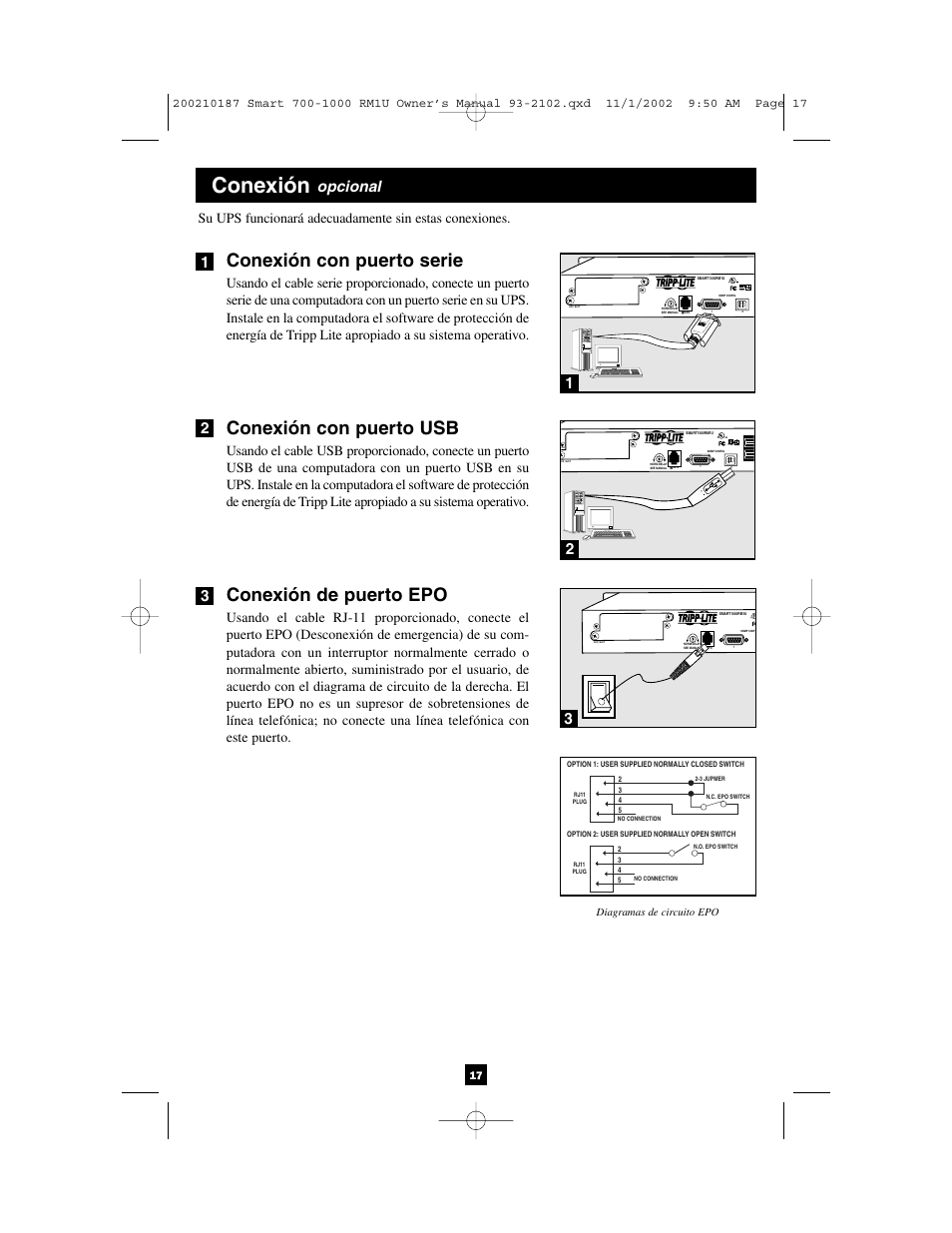 Conexión, Conexión con puerto serie, Conexión con puerto usb | Conexión de puerto epo, Opcional, Nyce | Tripp Lite 1000 VA User Manual | Page 17 / 24