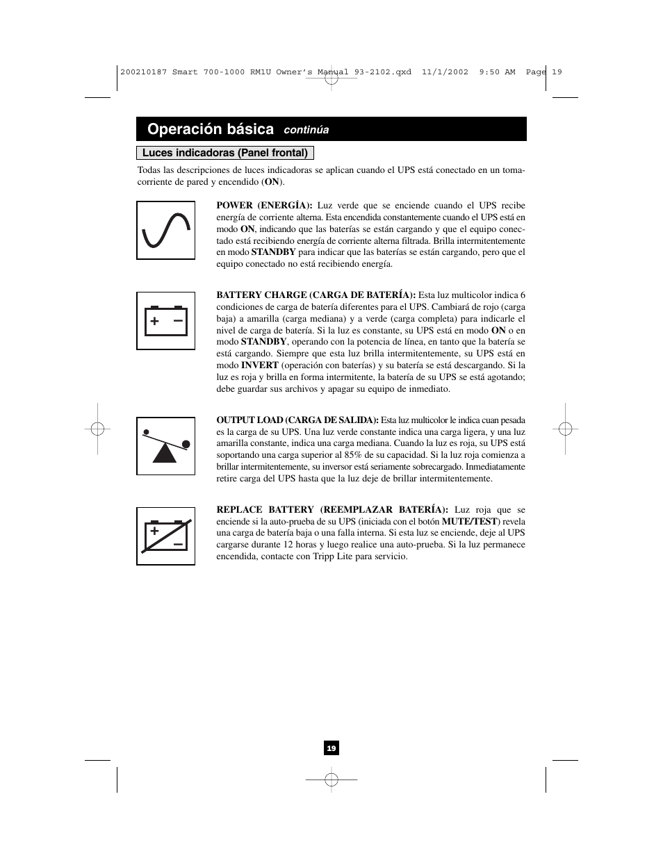 Operación básica | Tripp Lite 1000 VA User Manual | Page 19 / 24