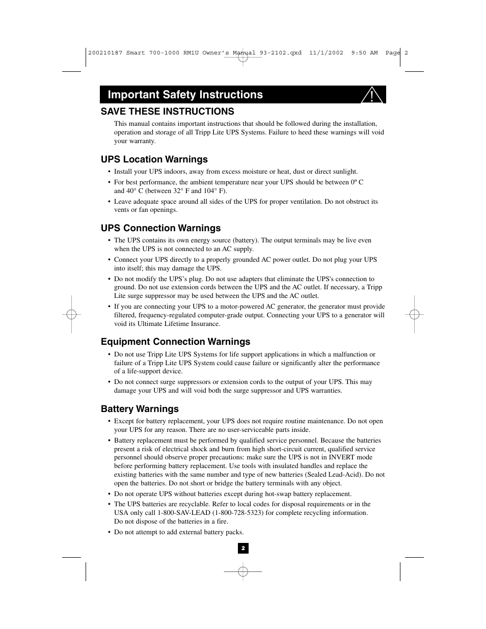 Important safety instructions | Tripp Lite 1000 VA User Manual | Page 2 / 24