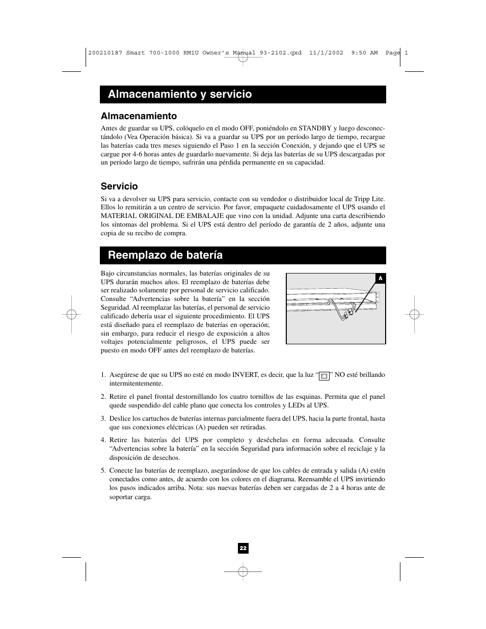 Almacenamiento y servicio, Reemplazo de batería, Almacenamiento | Servicio | Tripp Lite 1000 VA User Manual | Page 22 / 24