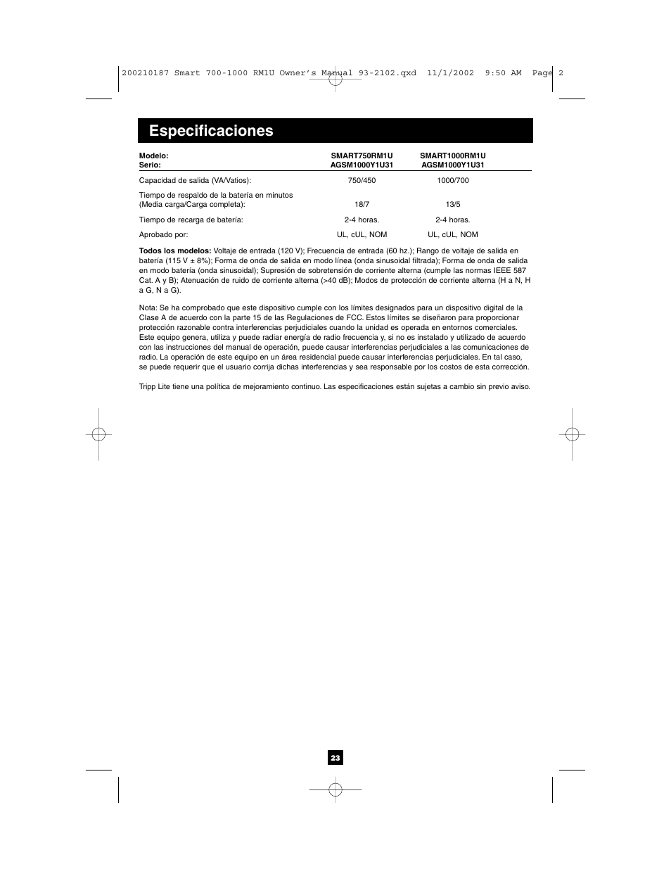 Especificaciones | Tripp Lite 1000 VA User Manual | Page 23 / 24