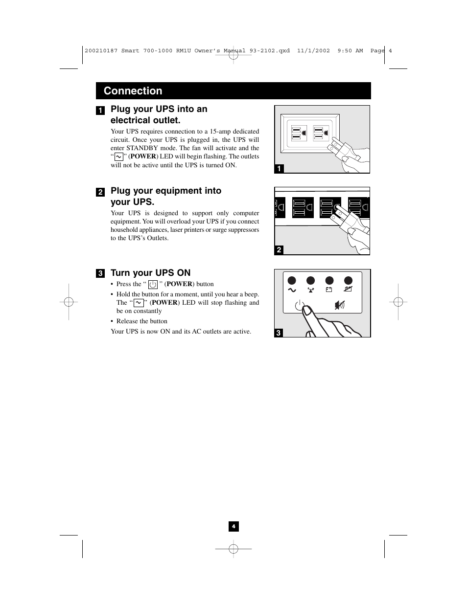Connection | Tripp Lite 1000 VA User Manual | Page 4 / 24