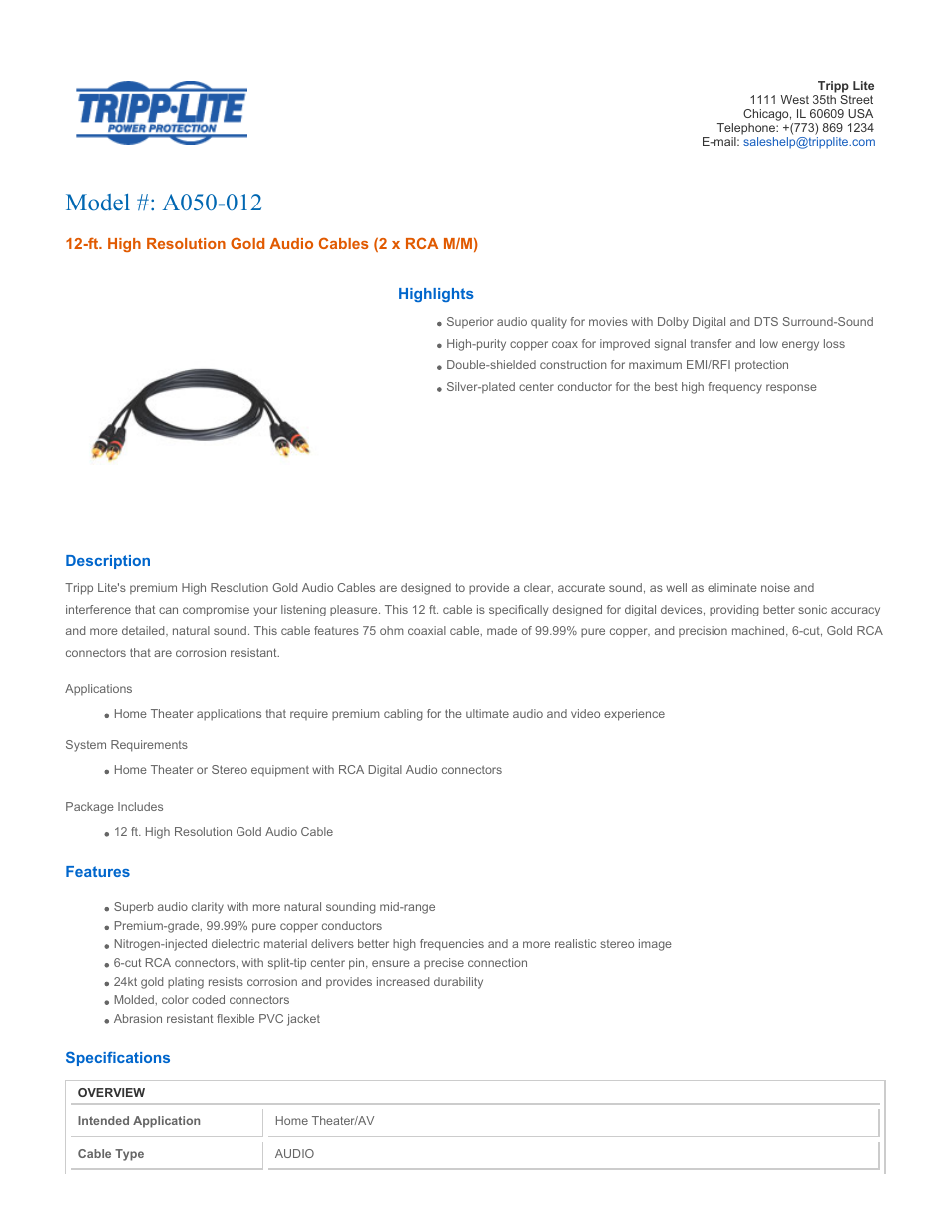 Tripp Lite A050-012 User Manual | 2 pages