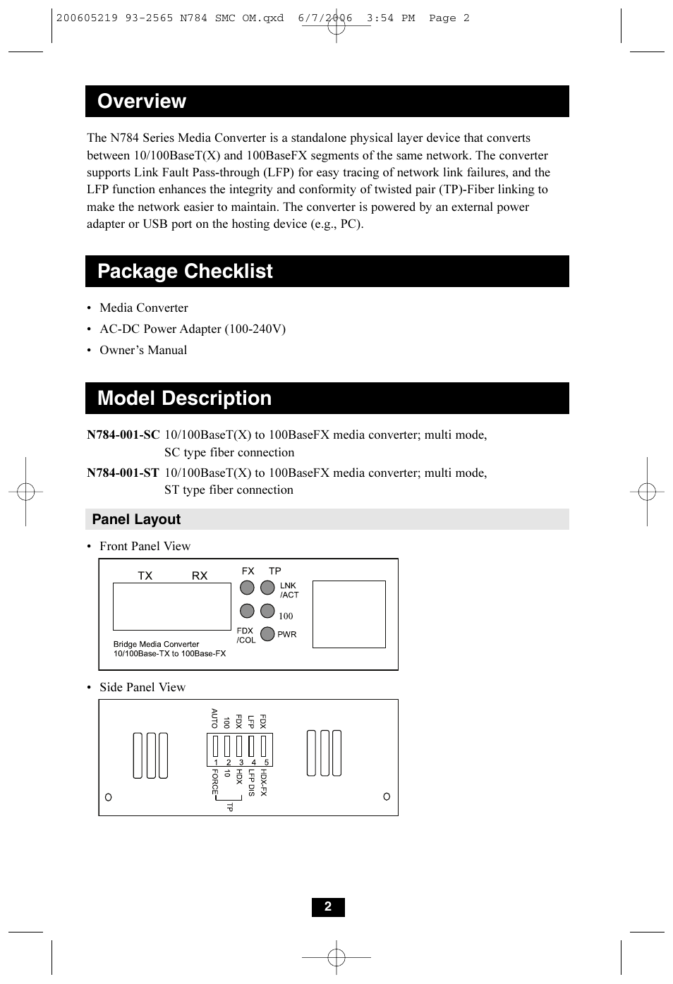 Overview, Package checklist, Model description | Tripp Lite Media Converters N784-001-SC User Manual | Page 2 / 8