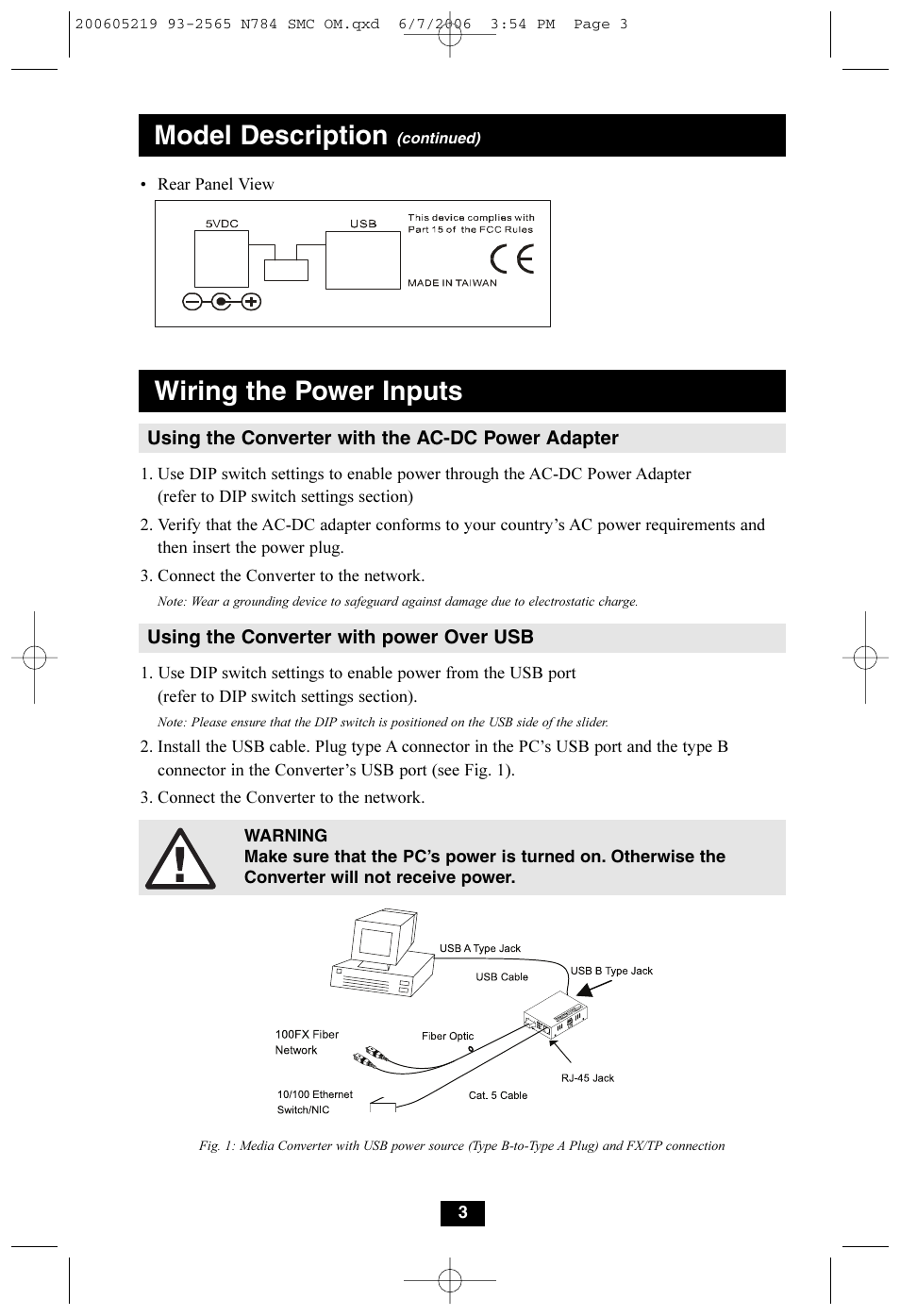 Model description, Wiring the power inputs | Tripp Lite Media Converters N784-001-SC User Manual | Page 3 / 8