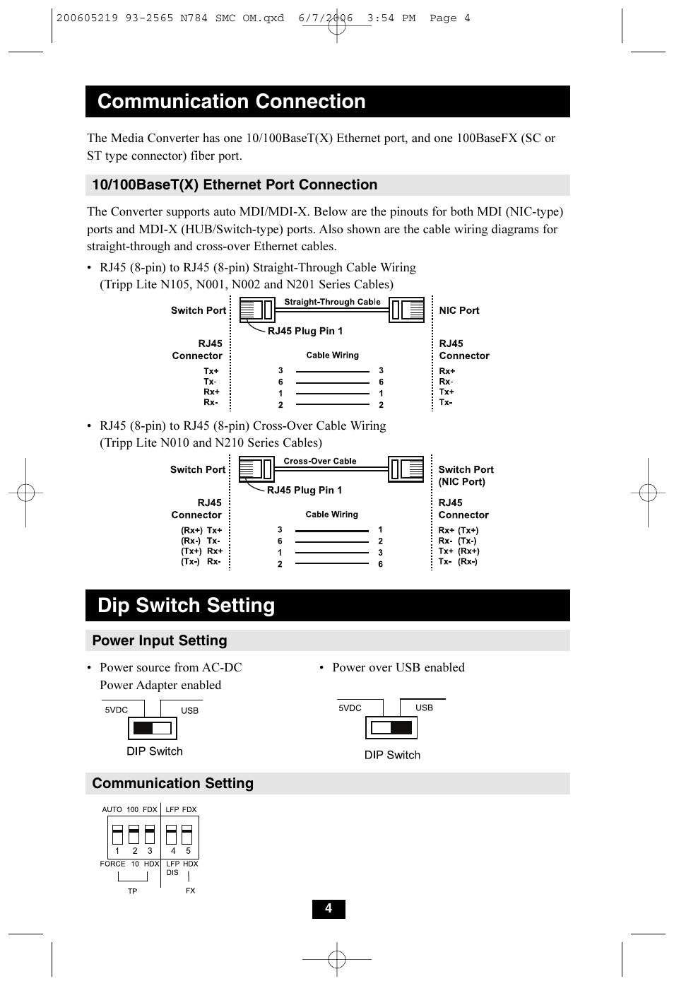Communication connection, Dip switch setting | Tripp Lite Media Converters N784-001-SC User Manual | Page 4 / 8