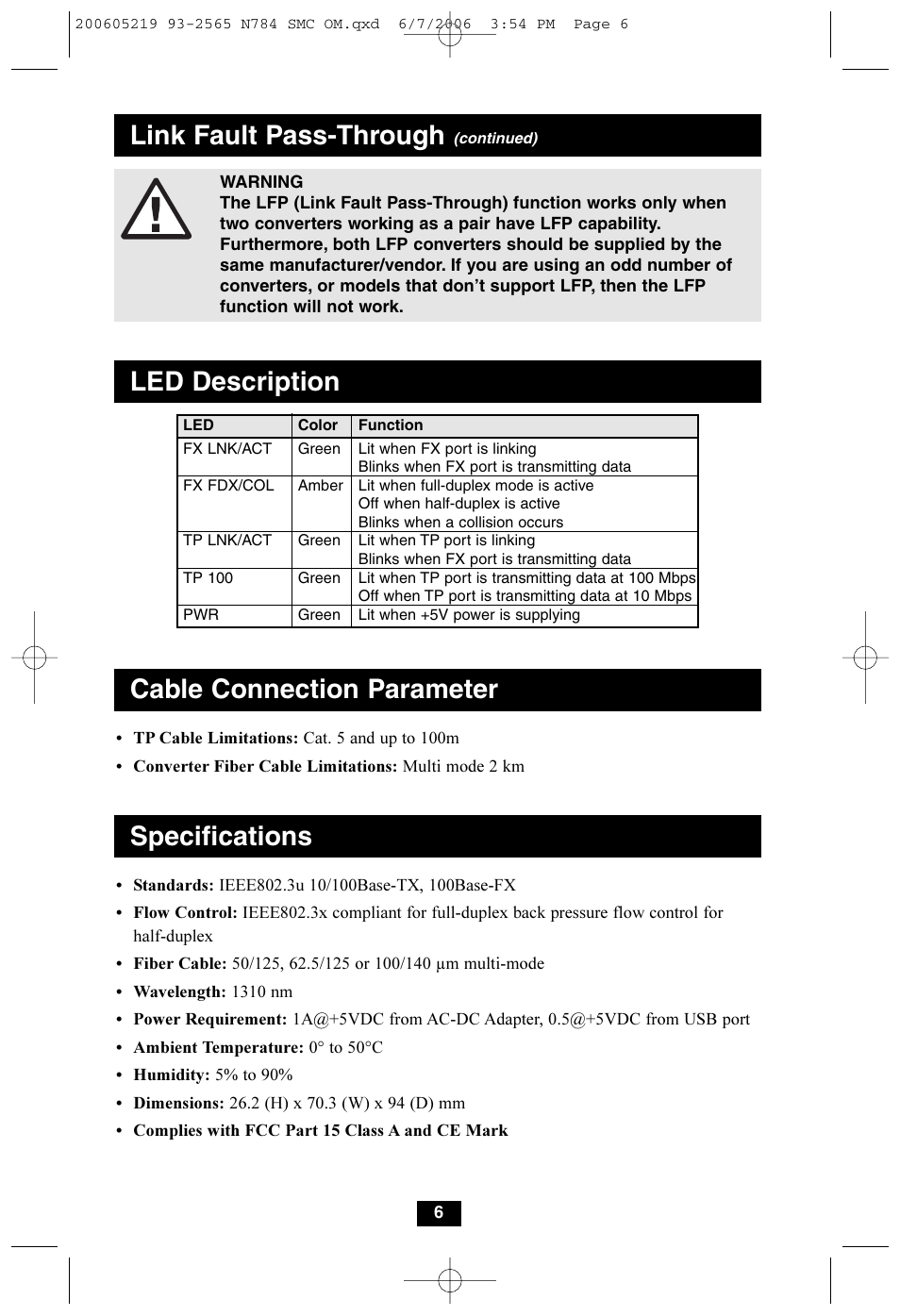 Link fault pass-through, Led description, Cable connection parameter | Specifications | Tripp Lite Media Converters N784-001-SC User Manual | Page 6 / 8