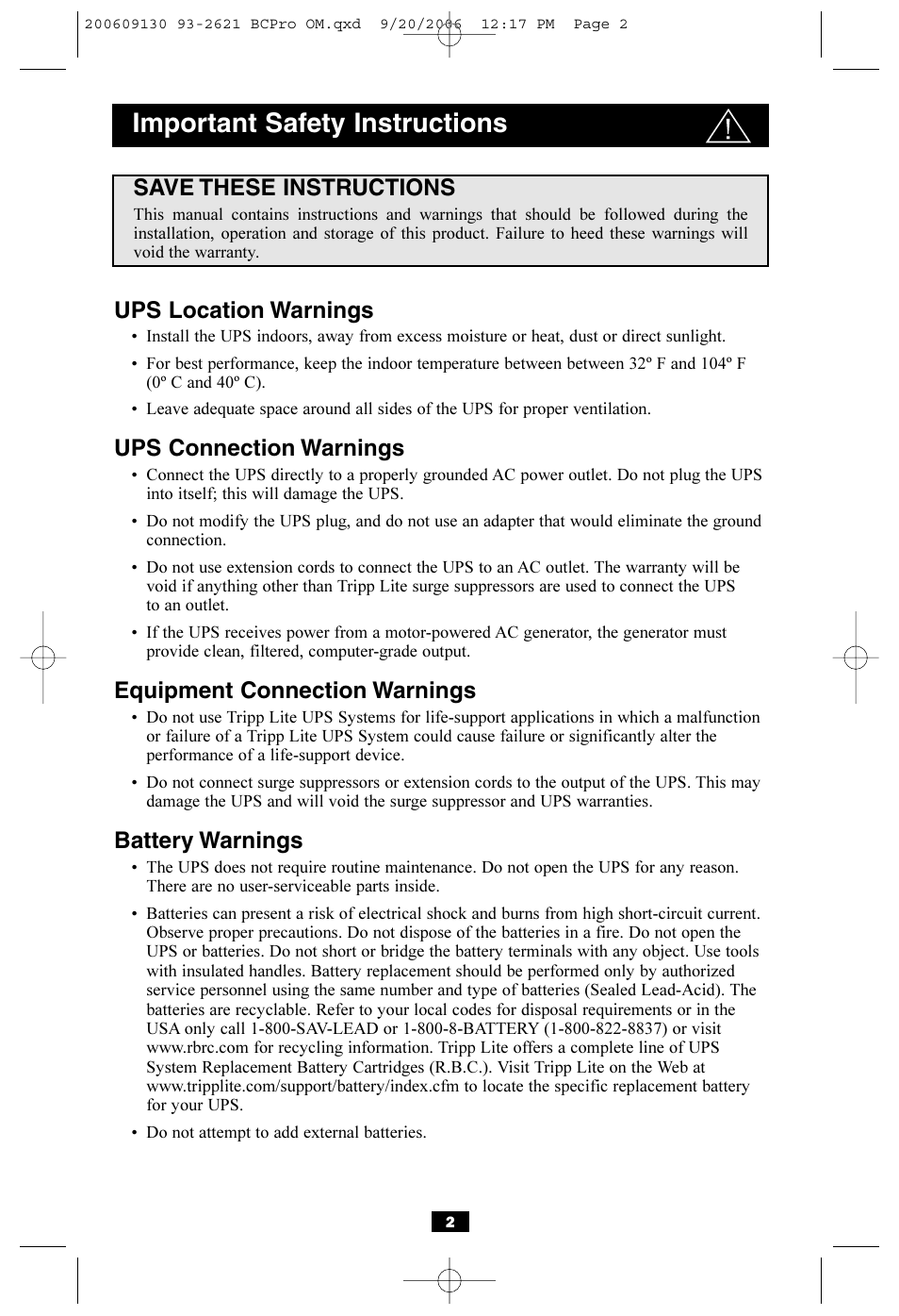 Important safety instructions, Ups location warnings, Ups connection warnings | Equipment connection warnings, Battery warnings, Save these instructions | Tripp Lite Keyspan TuneView BC Pro User Manual | Page 2 / 8