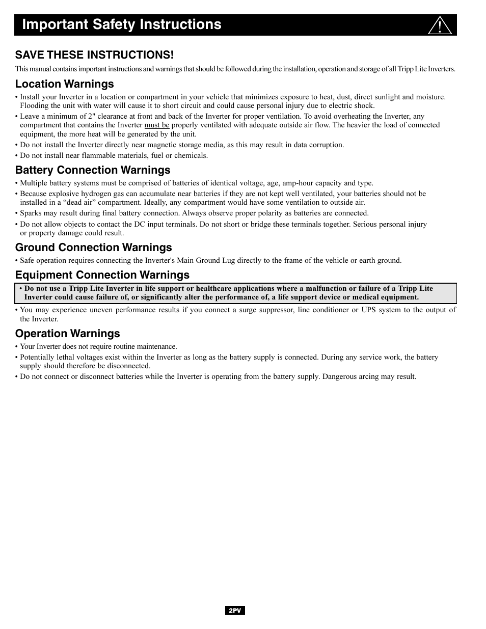 Important safety instructions, Save these instructions, Location warnings | Battery connection warnings, Ground connection warnings, Equipment connection warnings, Operation warnings | Tripp Lite Welding System User Manual | Page 2 / 8