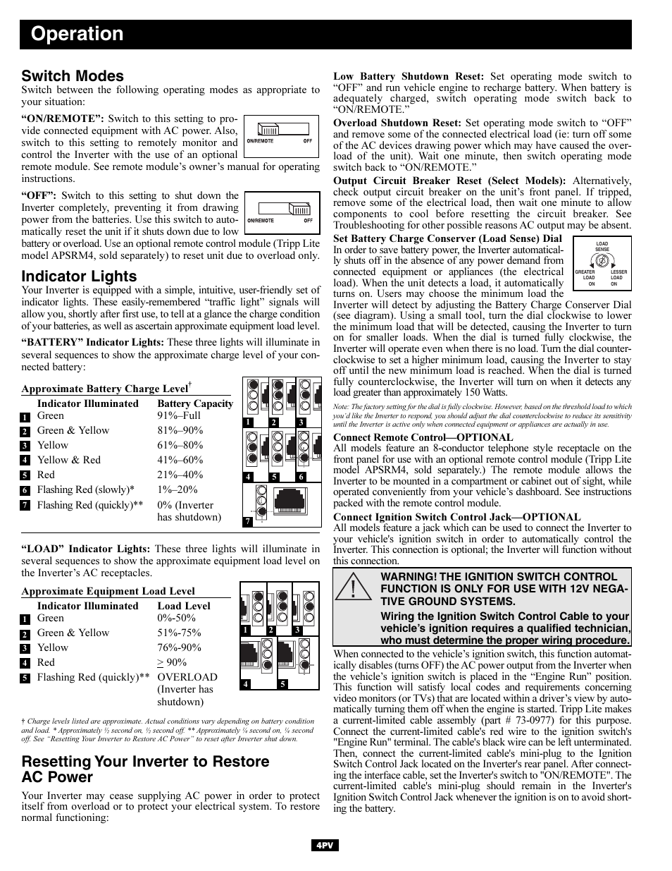 Operation, Switch modes, Indicator lights | Resetting your inverter to restore ac power | Tripp Lite Welding System User Manual | Page 4 / 8