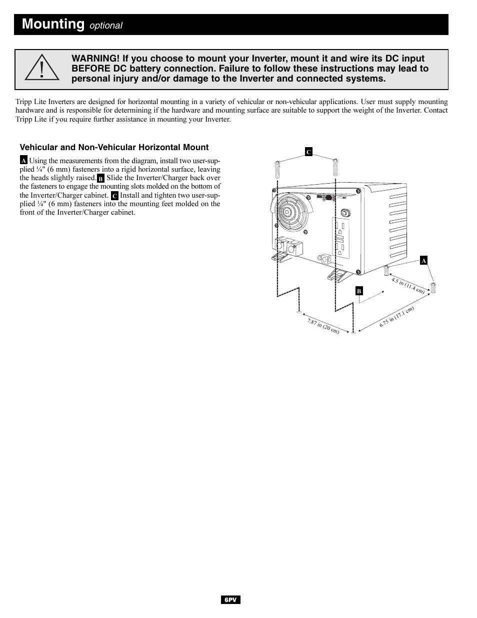 Mounting, Optional, Vehicular and non-vehicular horizontal mount | Tripp Lite Welding System User Manual | Page 6 / 8