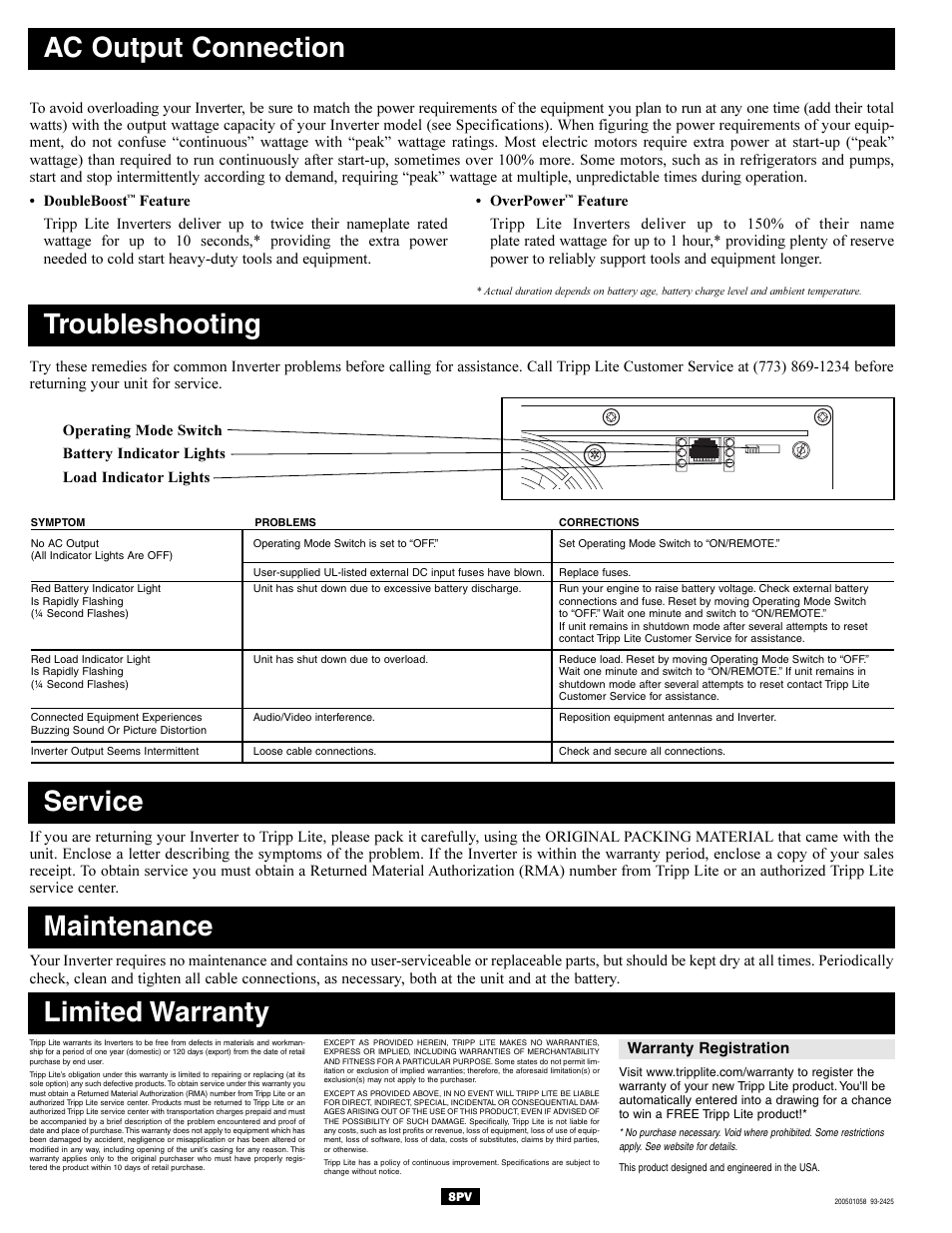 Troubleshooting, Limited warranty, Service | Maintenance, Ac output connection | Tripp Lite Welding System User Manual | Page 8 / 8