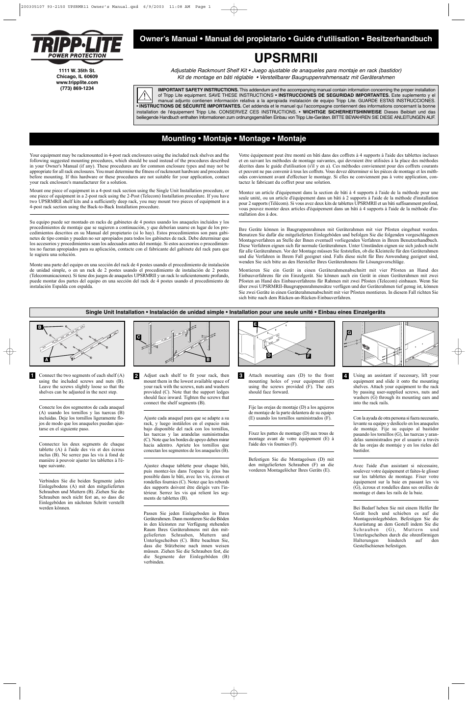 Tripp Lite UPSRMRII User Manual | 2 pages