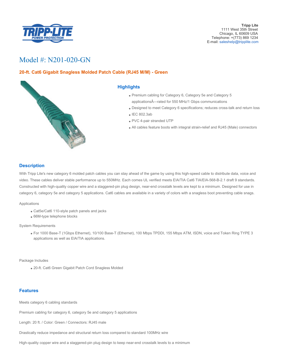 Tripp Lite N201-020-GN User Manual | 2 pages