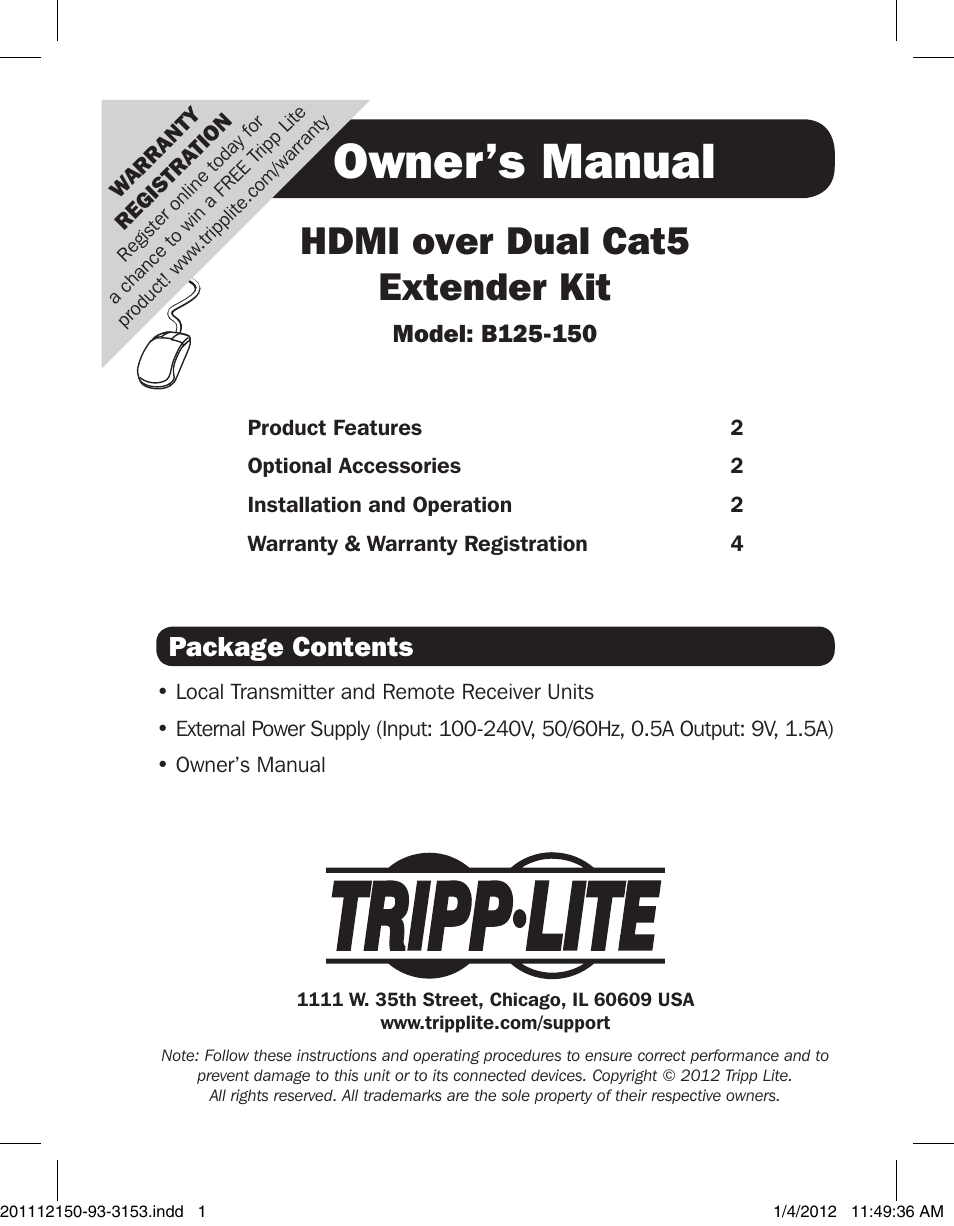 Tripp Lite DUAL CAT5 B125-150 User Manual | 4 pages