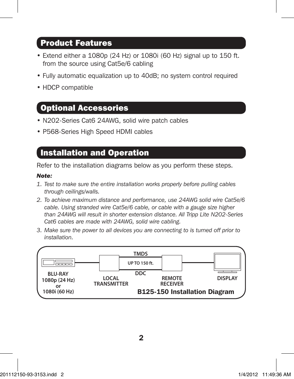 Installation and operation, Product features, Optional accessories | Tripp Lite DUAL CAT5 B125-150 User Manual | Page 2 / 4