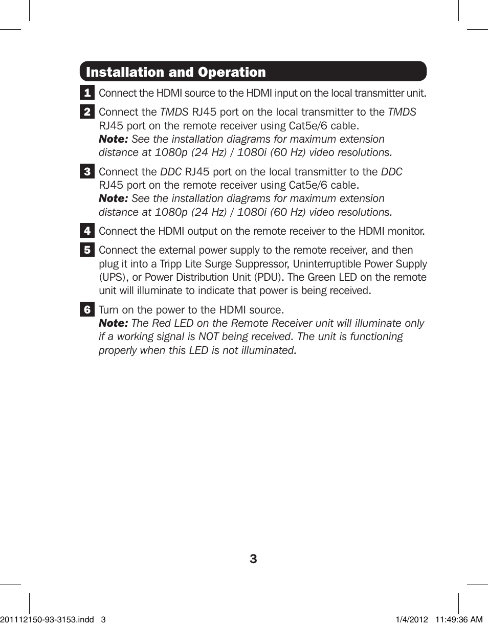 Installation and operation | Tripp Lite DUAL CAT5 B125-150 User Manual | Page 3 / 4