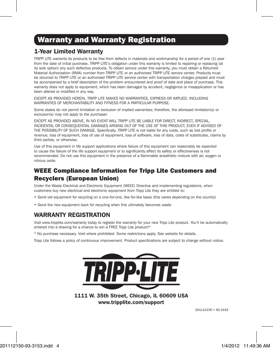 Warranty and warranty registration | Tripp Lite DUAL CAT5 B125-150 User Manual | Page 4 / 4