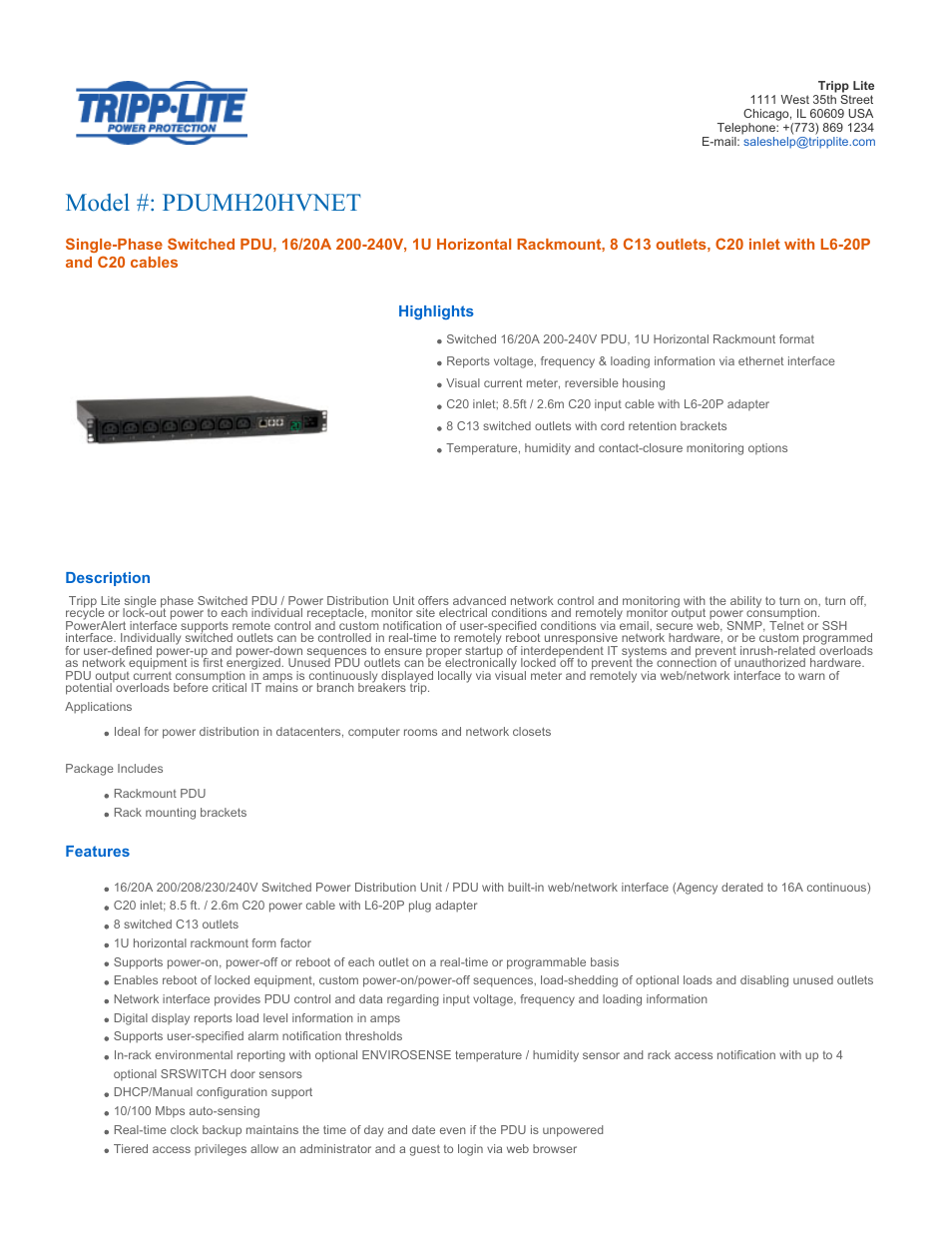 Tripp Lite PDUMH20HVNET User Manual | 4 pages