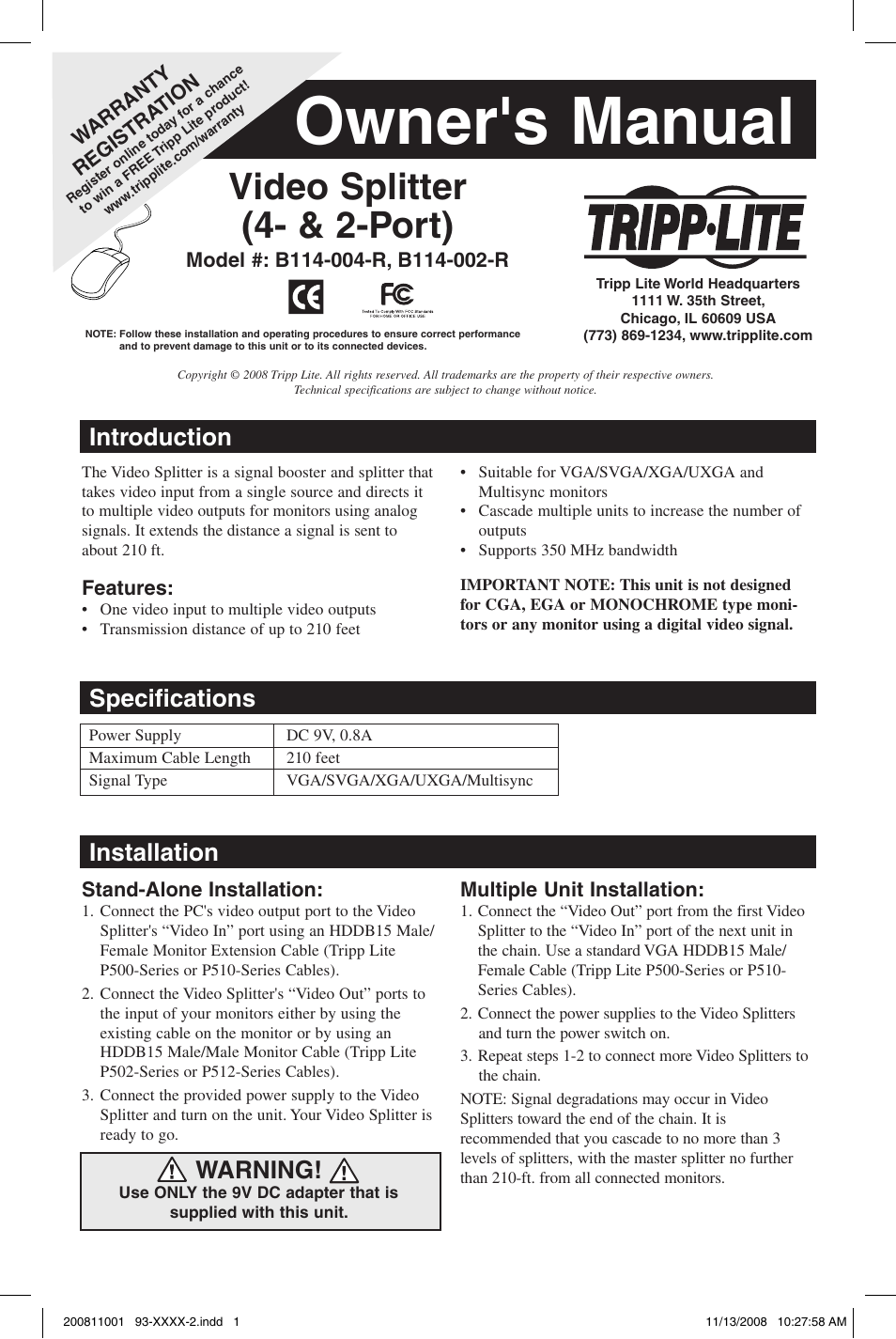 Tripp Lite VGA/SVGA Video Splitter B114-002-R User Manual | 5 pages