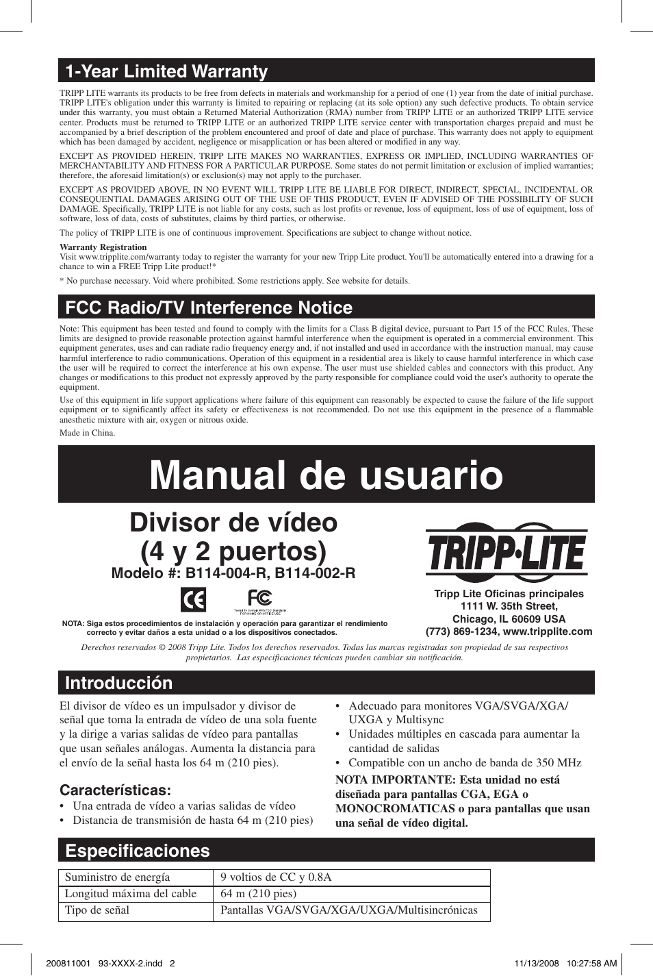 Manual de usuario, Divisor de vídeo (4 y 2 puertos), Year limited warranty | Fcc radio/tv interference notice, Introducción, Especificaciones, Características | Tripp Lite VGA/SVGA Video Splitter B114-002-R User Manual | Page 2 / 5