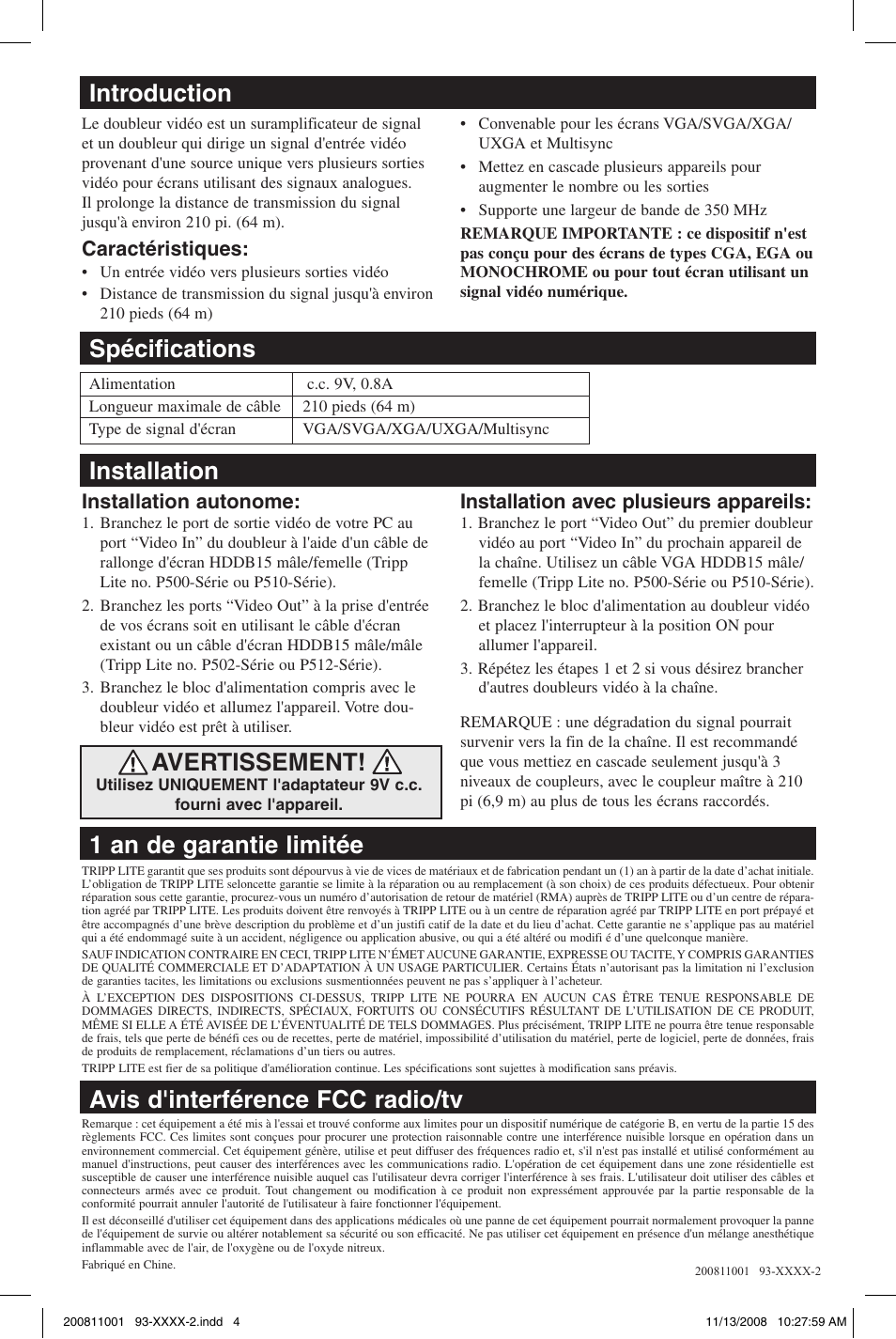 Introduction, Spécifications, Installation | Avertissement, 1 an de garantie limitée, Avis d'interférence fcc radio/tv, Caractéristiques, Installation autonome, Installation avec plusieurs appareils | Tripp Lite VGA/SVGA Video Splitter B114-002-R User Manual | Page 4 / 5