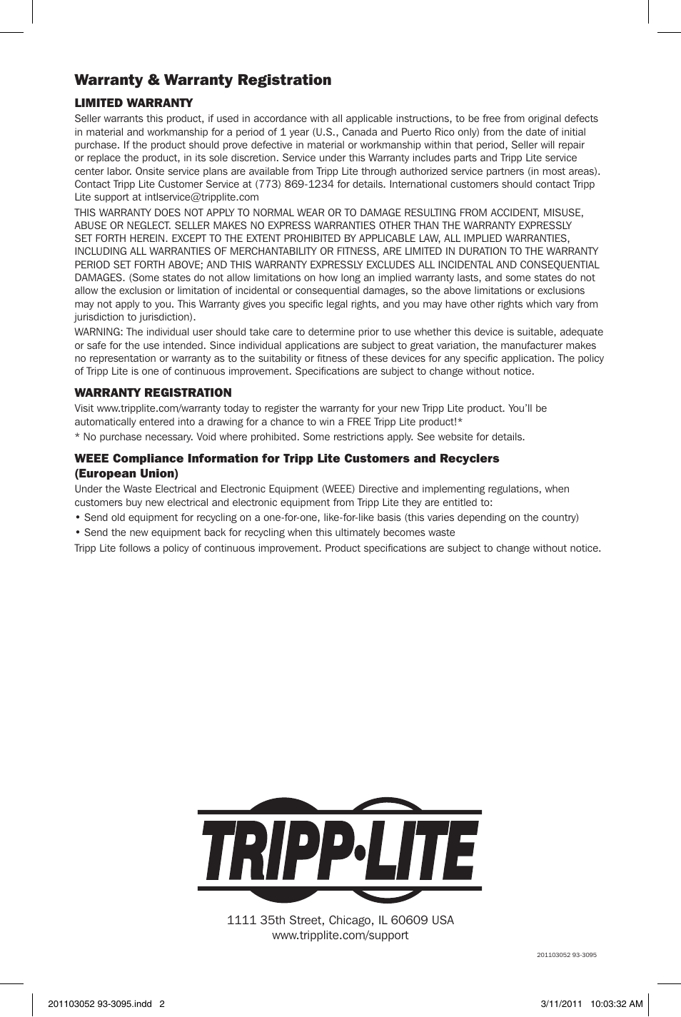 Warranty & warranty registration | Tripp Lite U236-000-R User Manual | Page 2 / 2