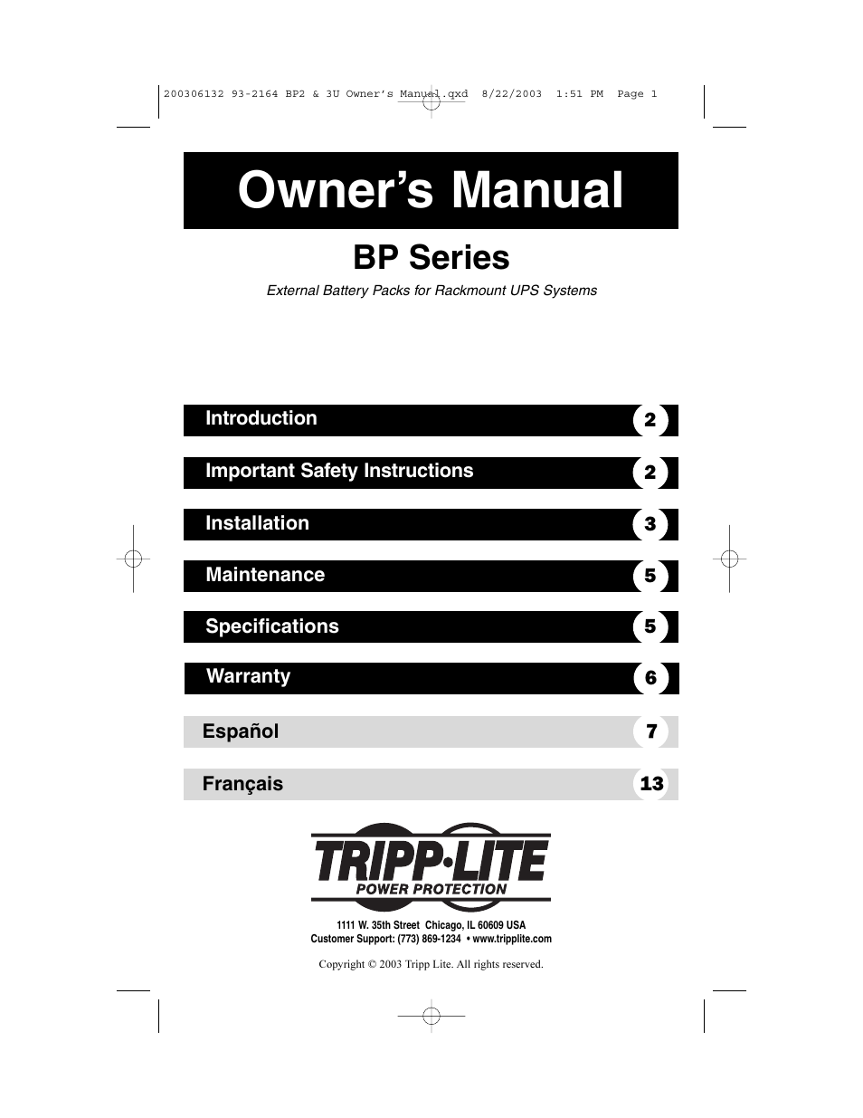 Tripp Lite BP36V13 User Manual | 7 pages