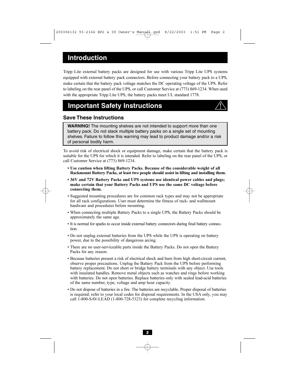 Introduction important safety instructions | Tripp Lite BP36V13 User Manual | Page 2 / 7
