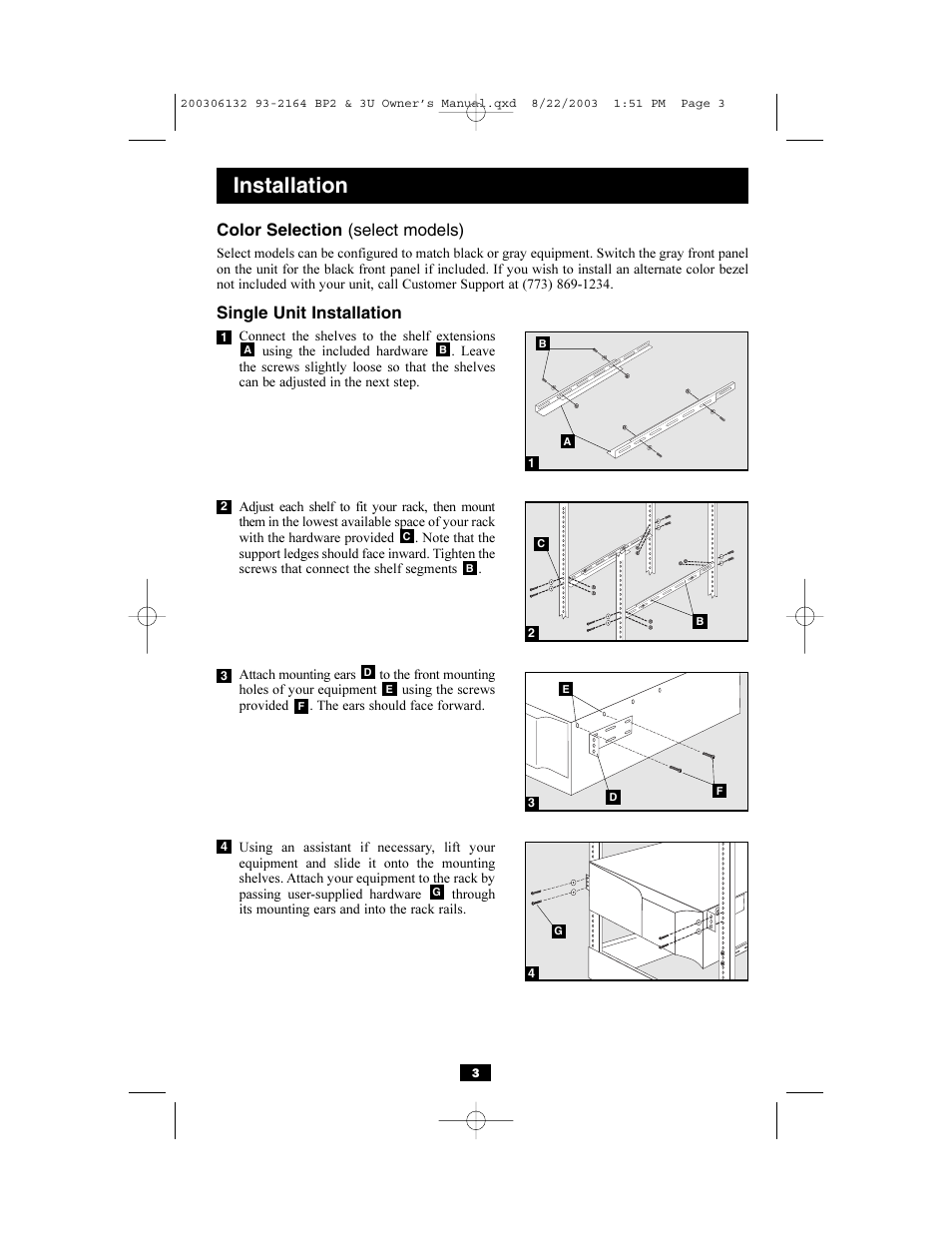 Installation, Color selection (select models), Single unit installation | Tripp Lite BP36V13 User Manual | Page 3 / 7