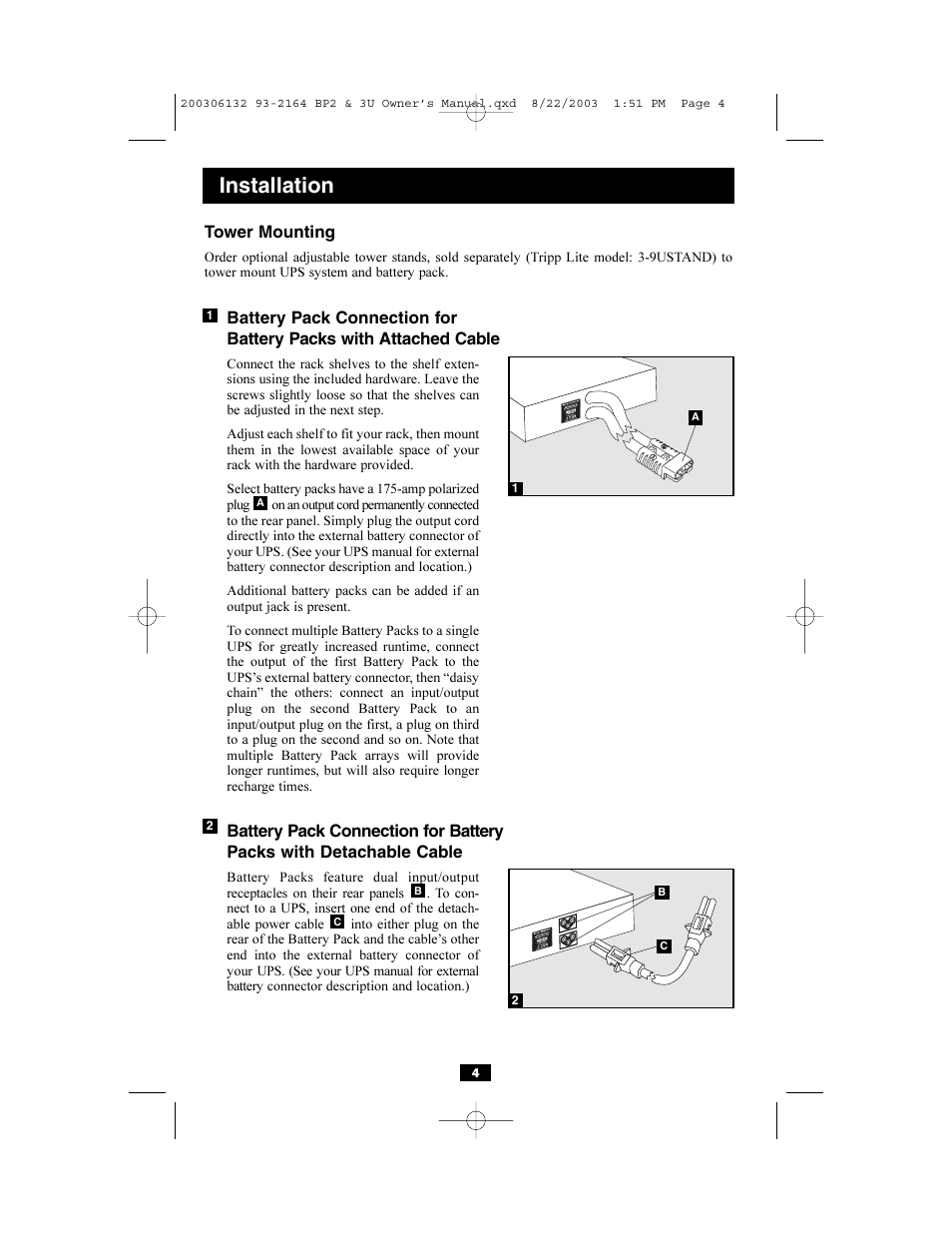 Installation, Tower mounting | Tripp Lite BP36V13 User Manual | Page 4 / 7